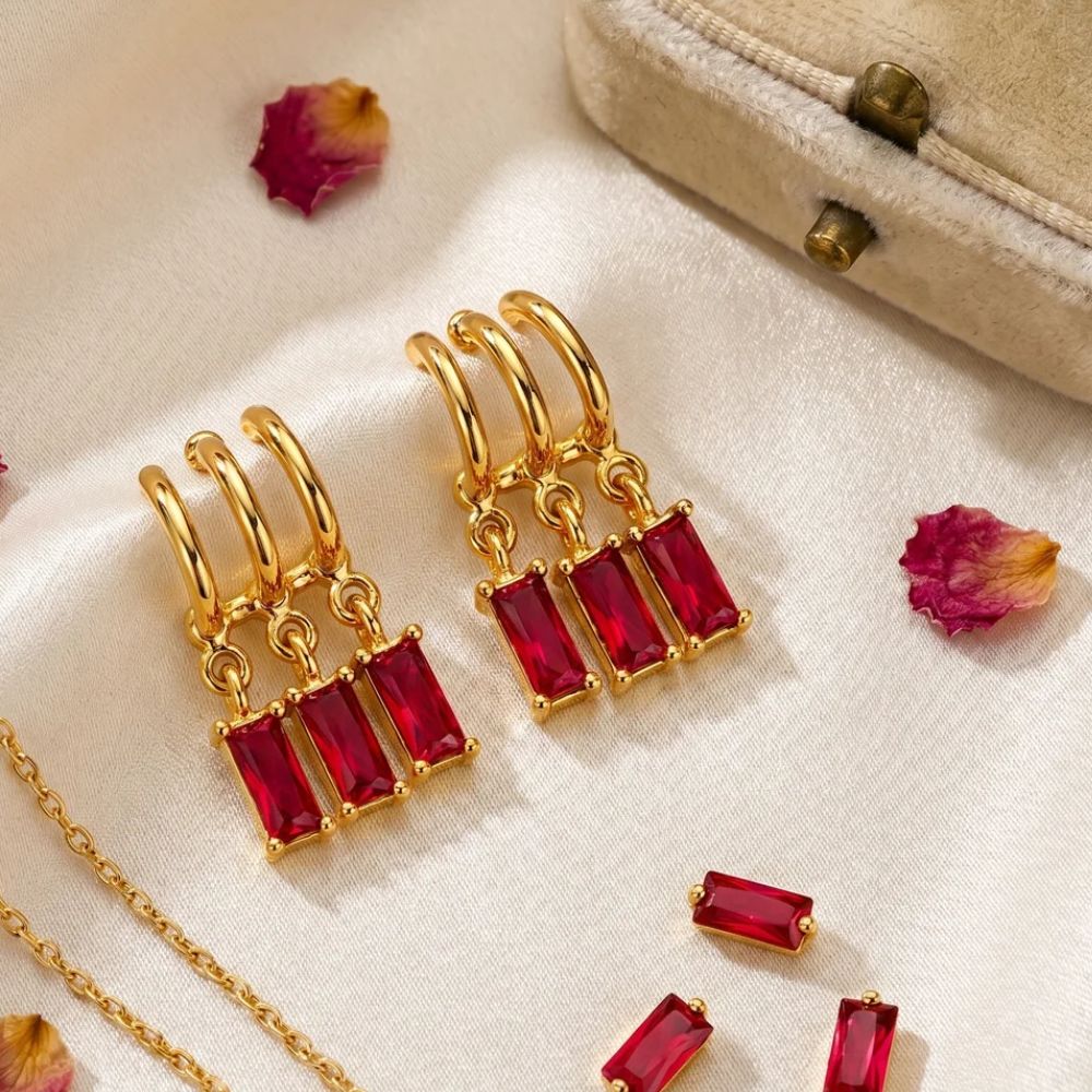 Fiza- Dark Pink Stone Triple Hoop Dangle Earrings
