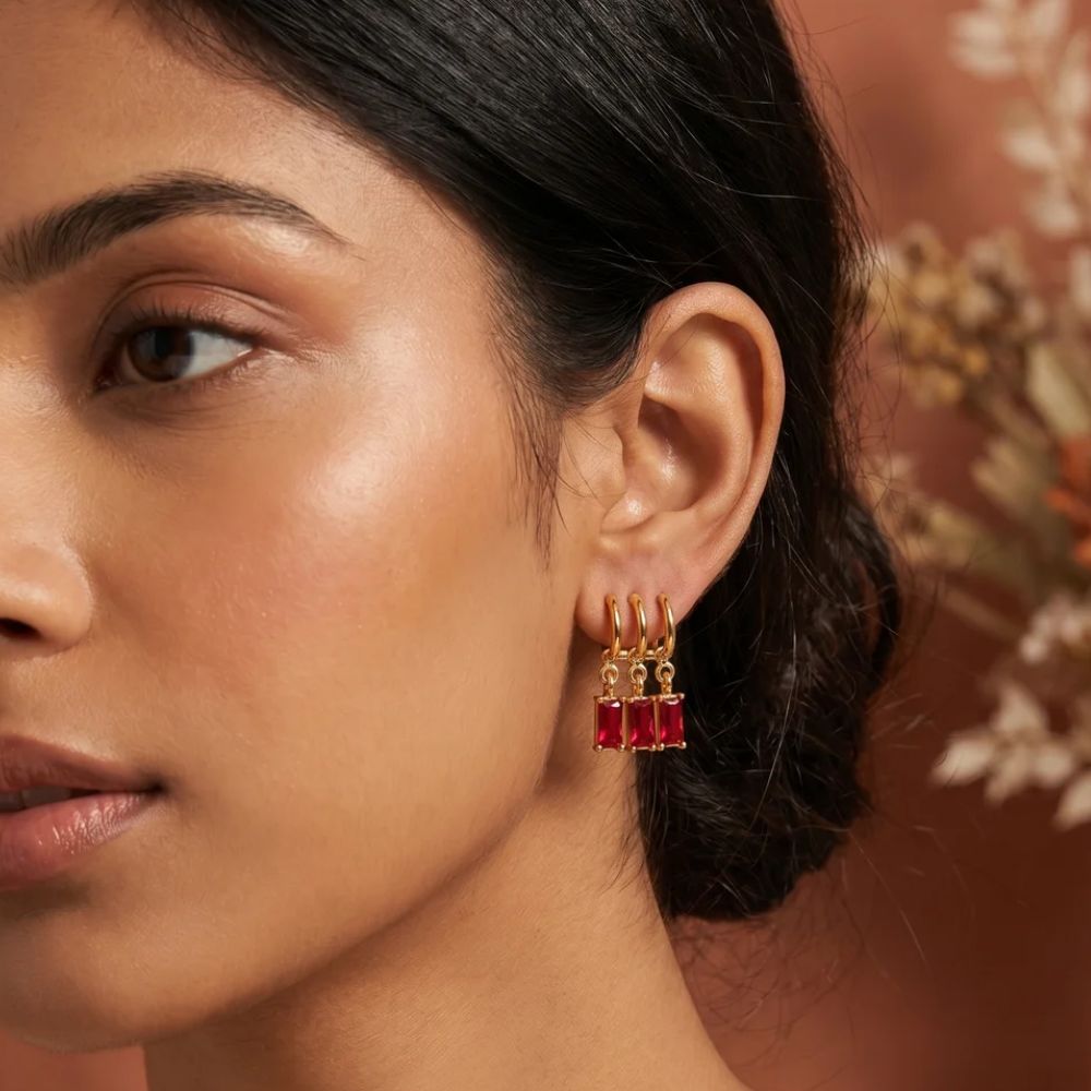 Fiza- Dark Pink Stone Triple Hoop Dangle Earrings