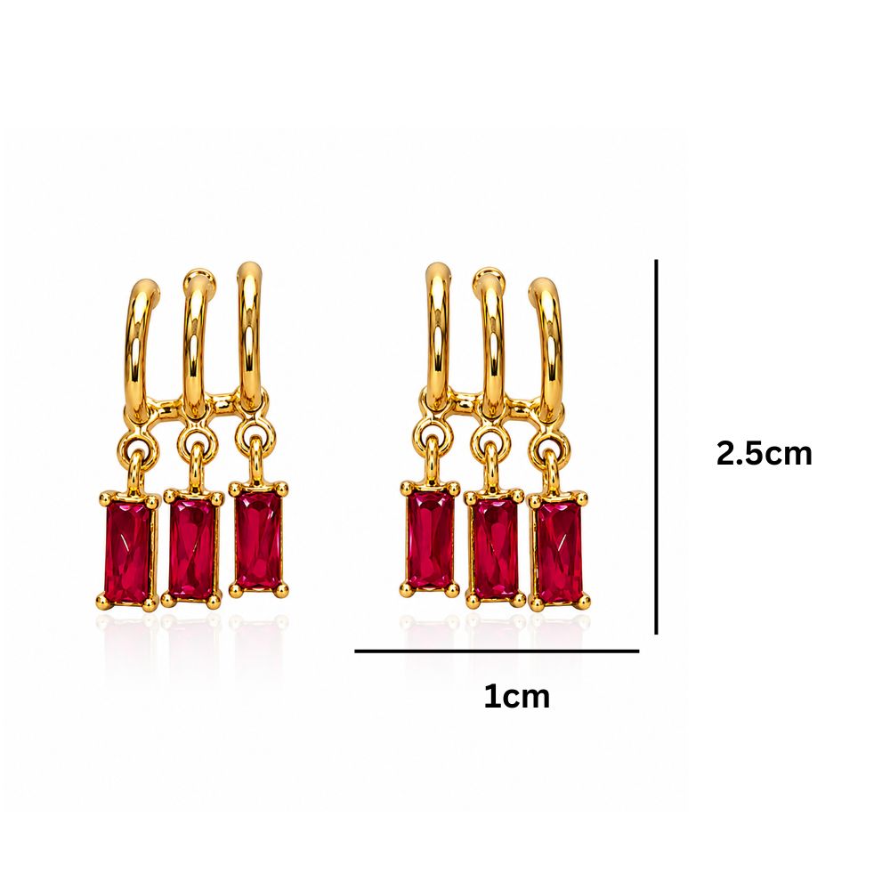 Fiza- Dark Pink Stone Triple Hoop Dangle Earrings