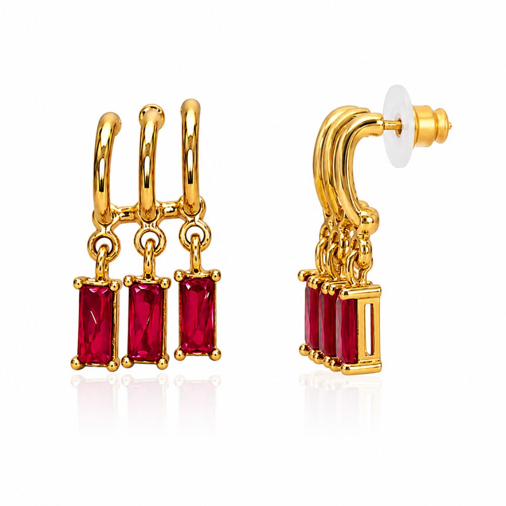 Fiza- Dark Pink Stone Triple Hoop Dangle Earrings