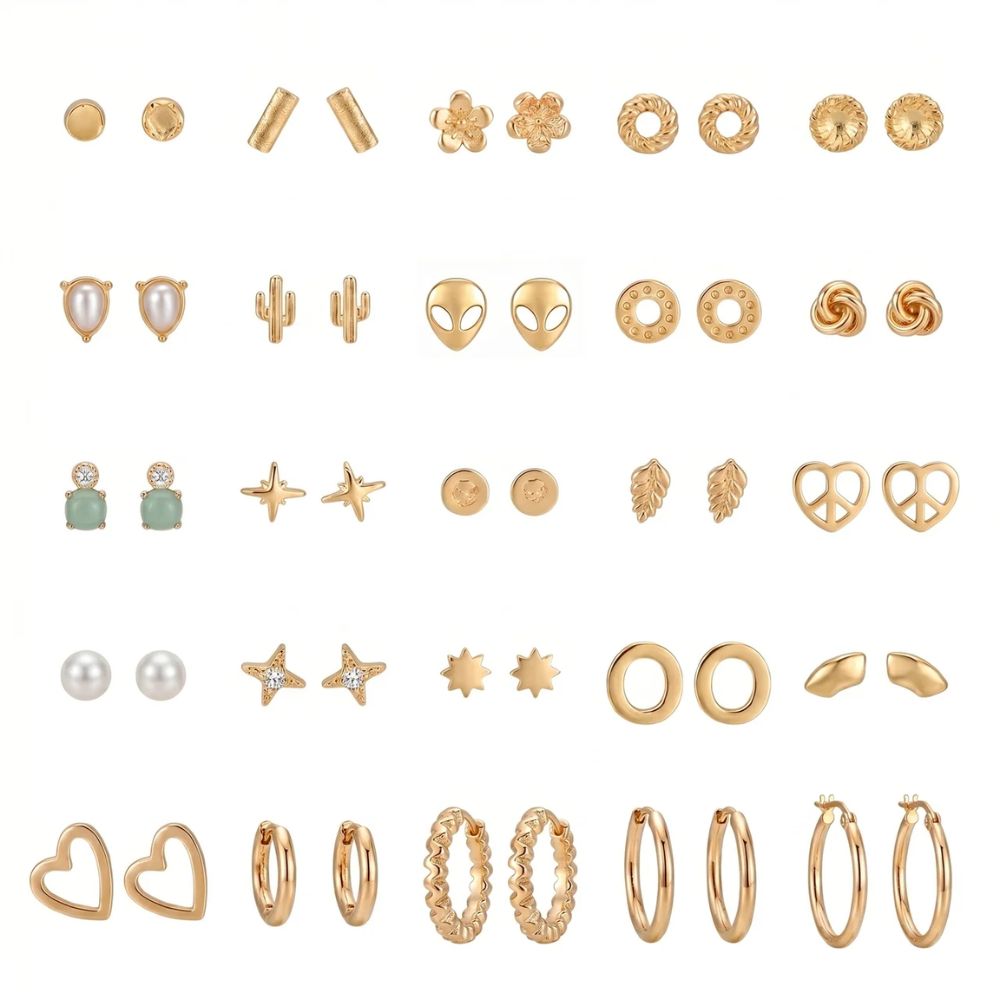 Masie- Elegant Gold Tone Stud & Hoop Earring Set (25 Pairs)