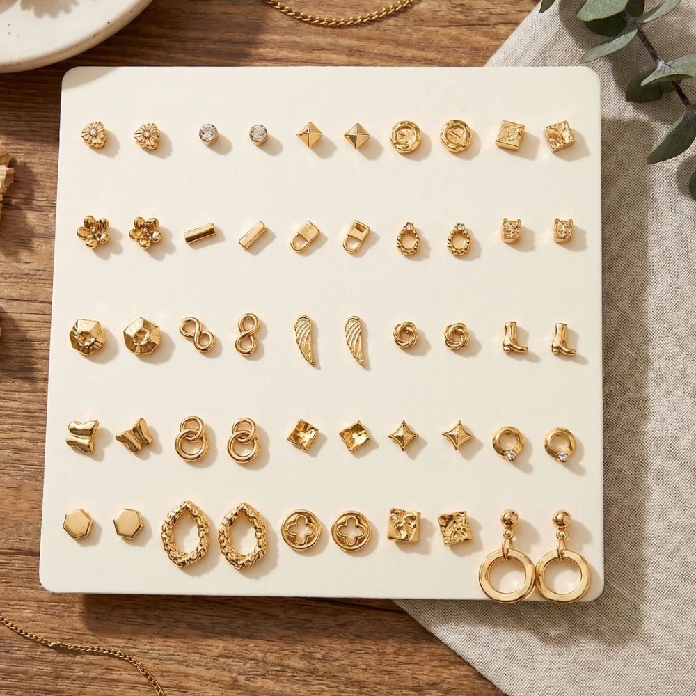 Sallie- Minimalist Gold Tone Stud & Hoop Earring Set (25 Pairs)