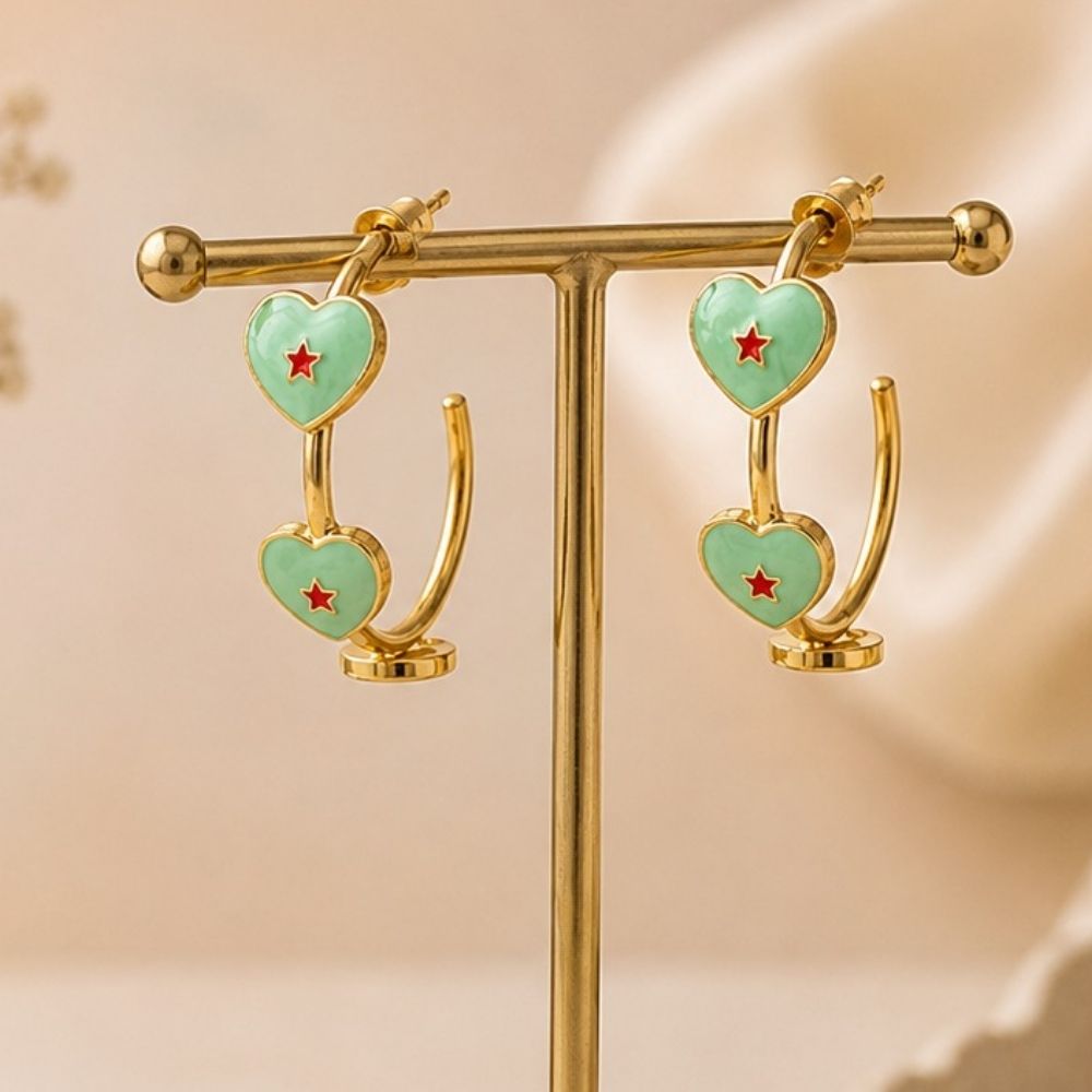 Caroline- Mint Green Heart Star Hoop Earrings