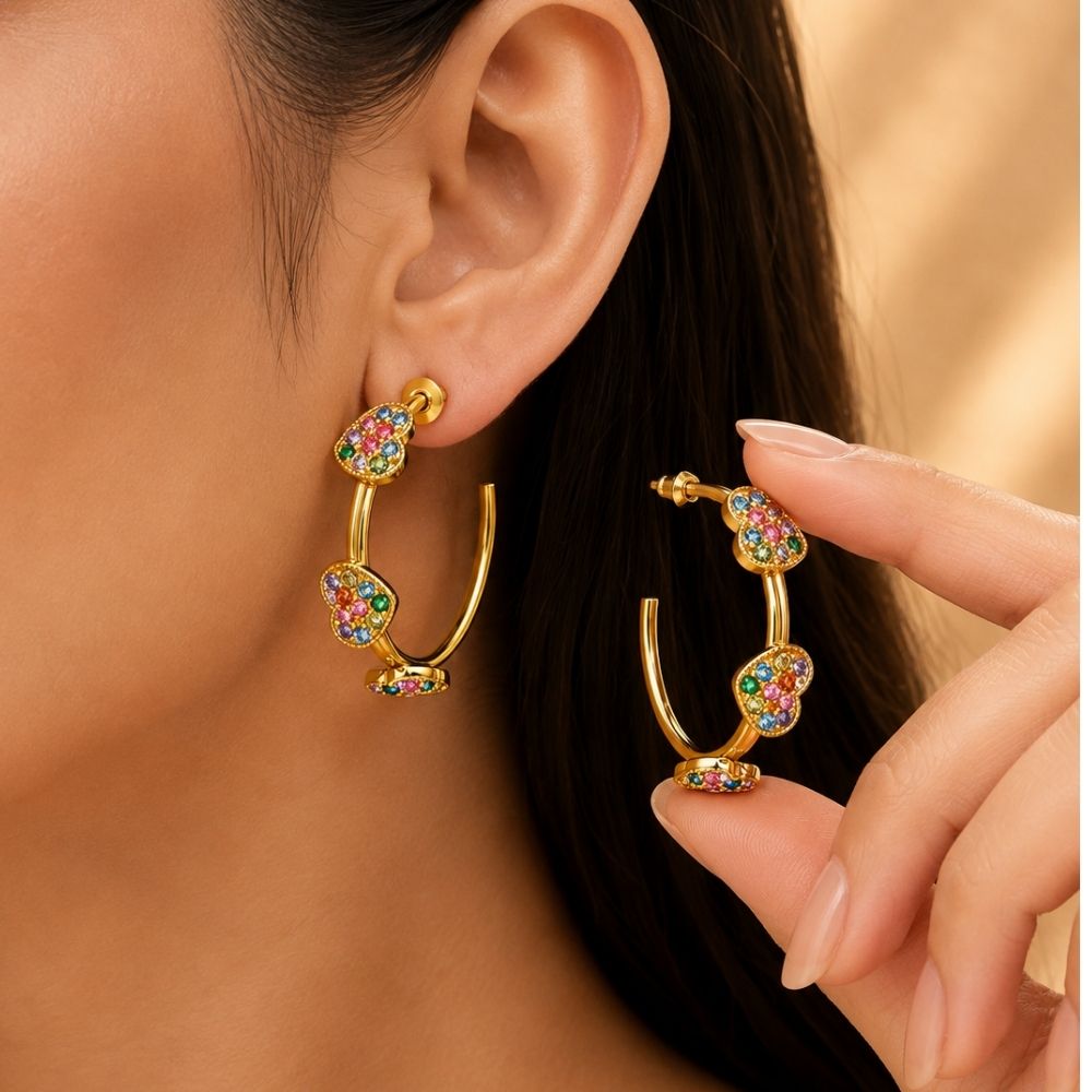 Joliet- Multicolor Heart Charm Hoop Earrings