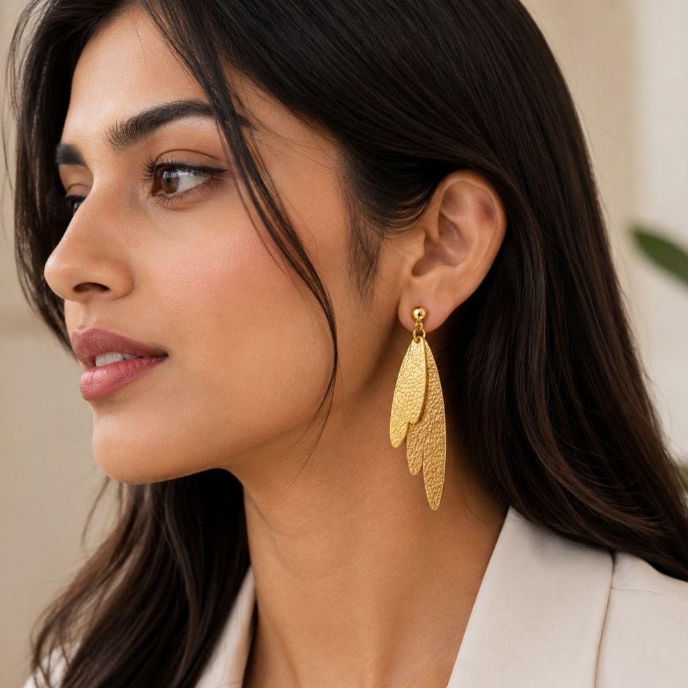 Clieo- Textured Layered Leaf Drop Earrings