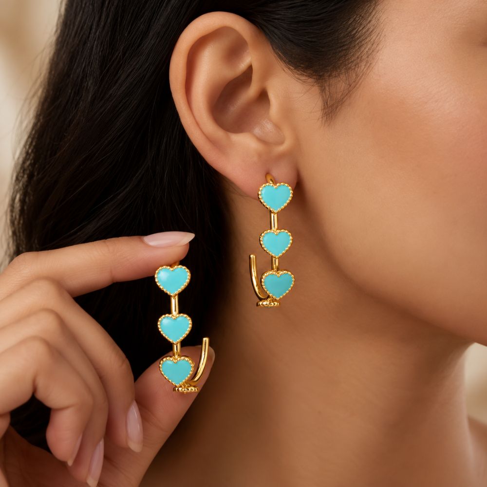 Amora - Blue Triple Heart Hoop Earrings