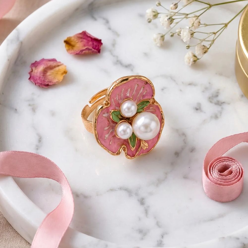 Willow- PinkFloral Adjustable Ring with Pearl and Enamel Design