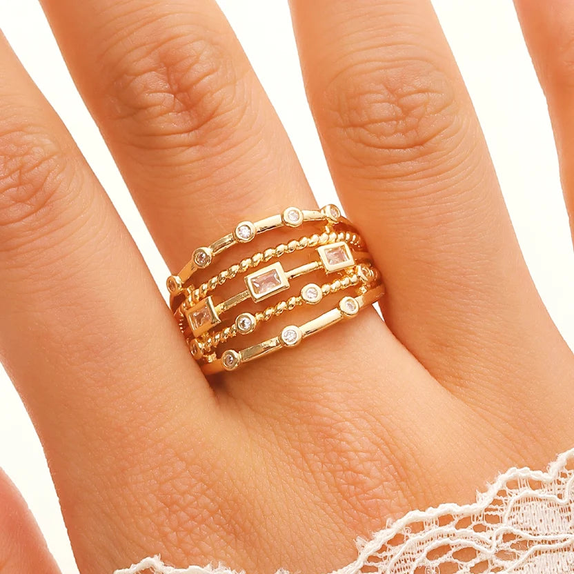 Multilayer Crystal Studded Adjustable Statement Ring For Women