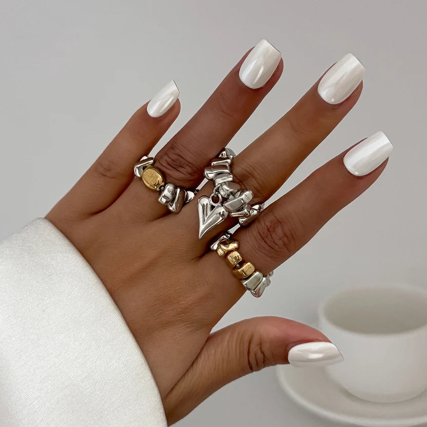 Dual Tone Chunky Heart Charm Designer Ring Set For Women