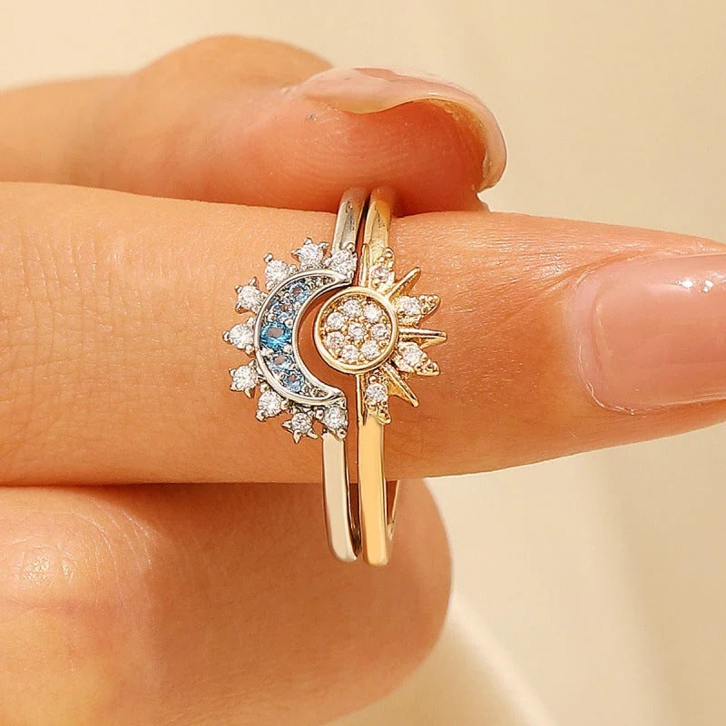 Sun & Moon Crystal Studded Designer Ring Set For Women