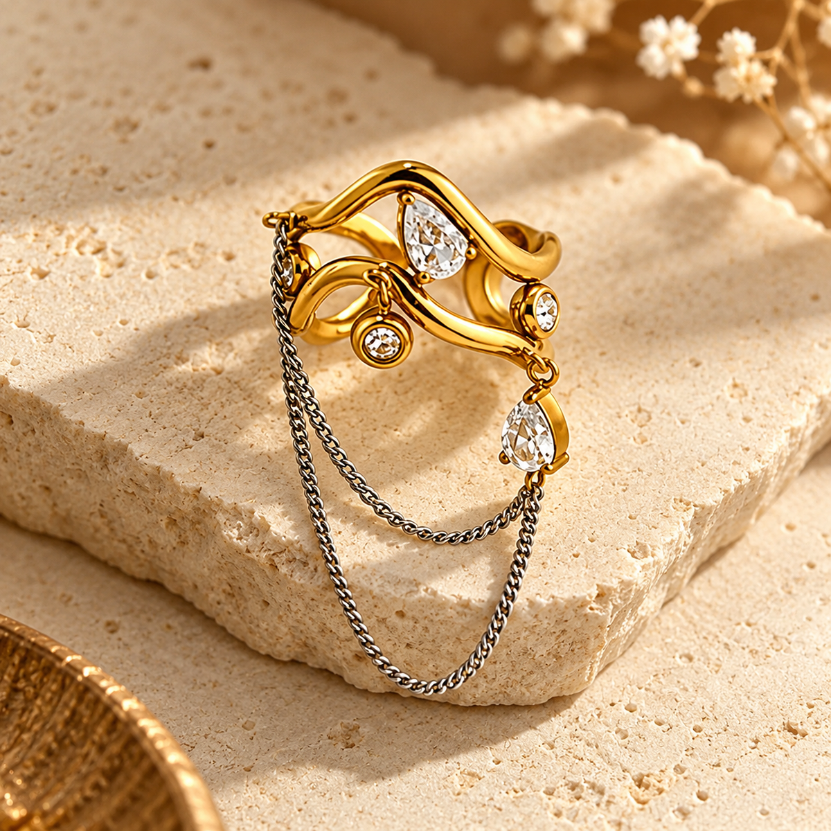 Crystal Studded Chain Charm Statement Ring