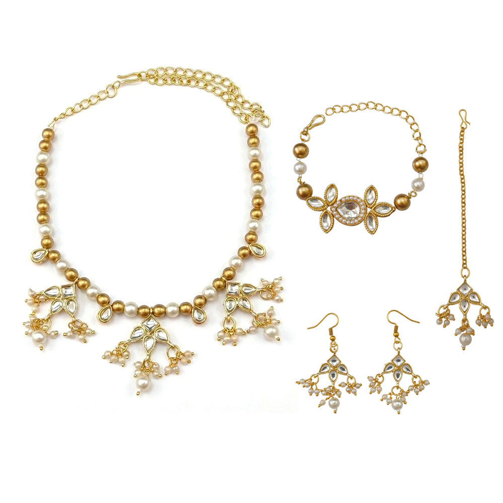 Aarohi- Kids Gold-Tone Pearl & Kundan Jewellery Set | Necklace, Earrings, Bracelet & Maang Tikka for Girls