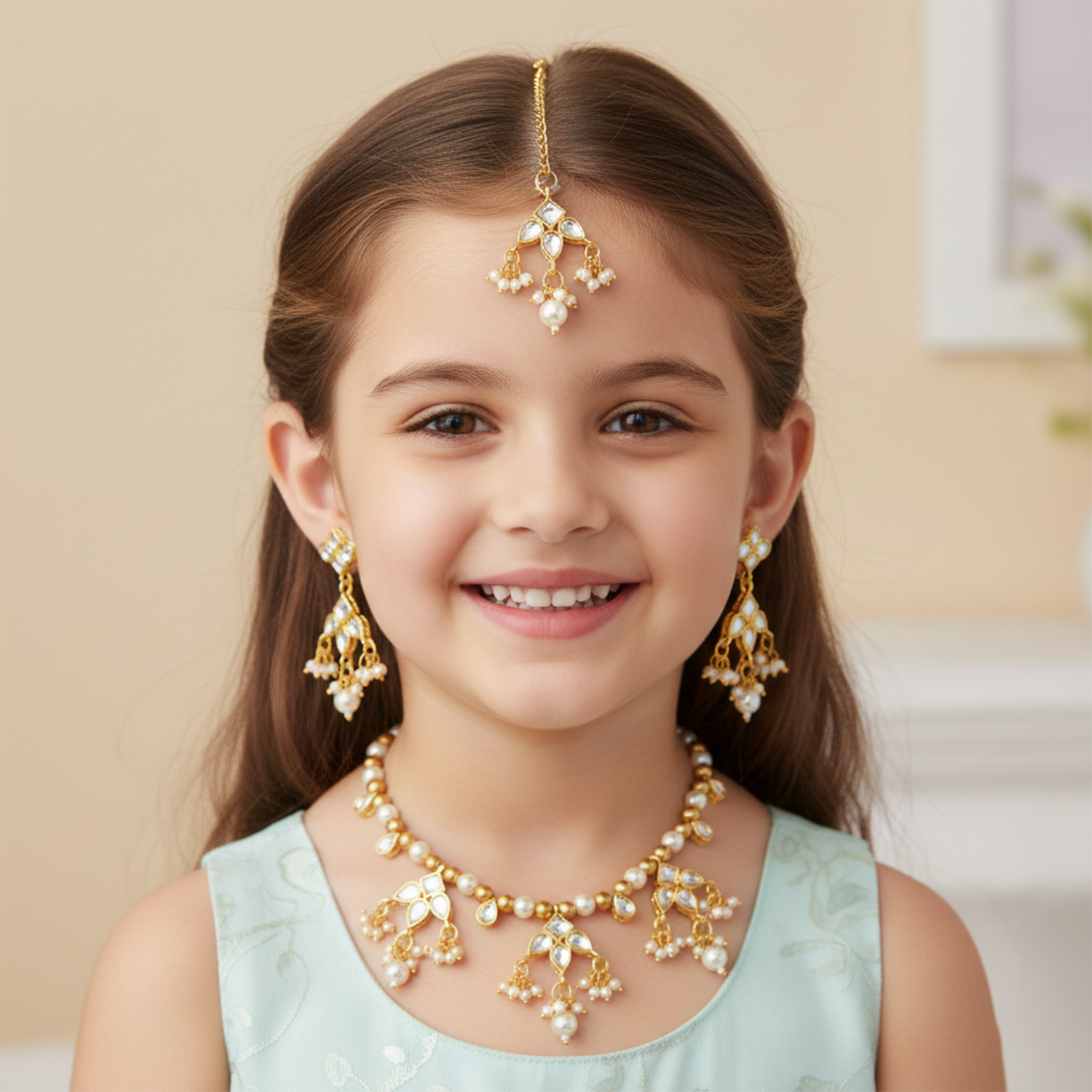 Aarohi- Kids Gold-Tone Pearl & Kundan Jewellery Set | Necklace, Earrings, Bracelet & Maang Tikka for Girls