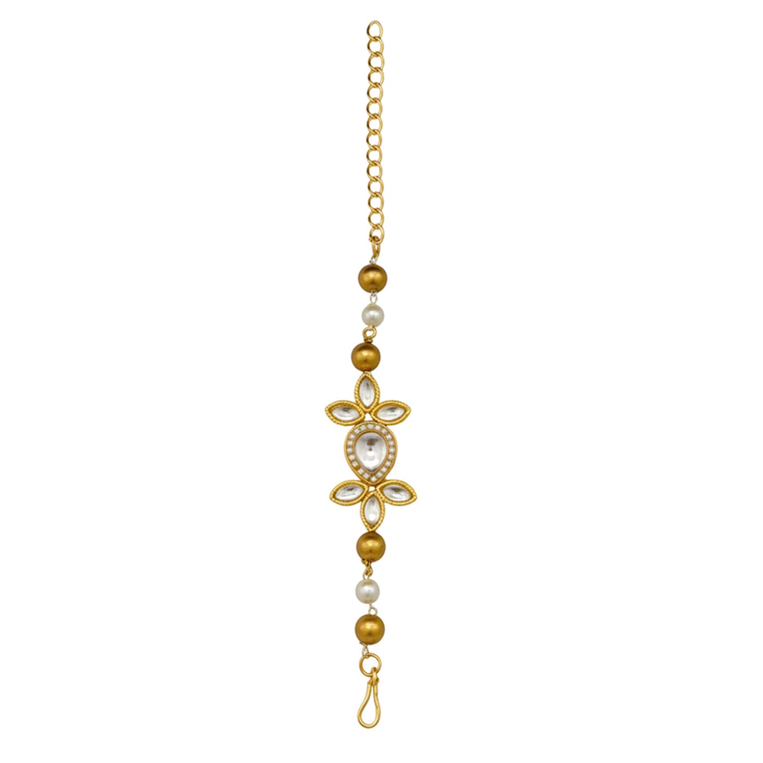 Aarohi- Kids Gold-Tone Pearl & Kundan Jewellery Set | Necklace, Earrings, Bracelet & Maang Tikka for Girls