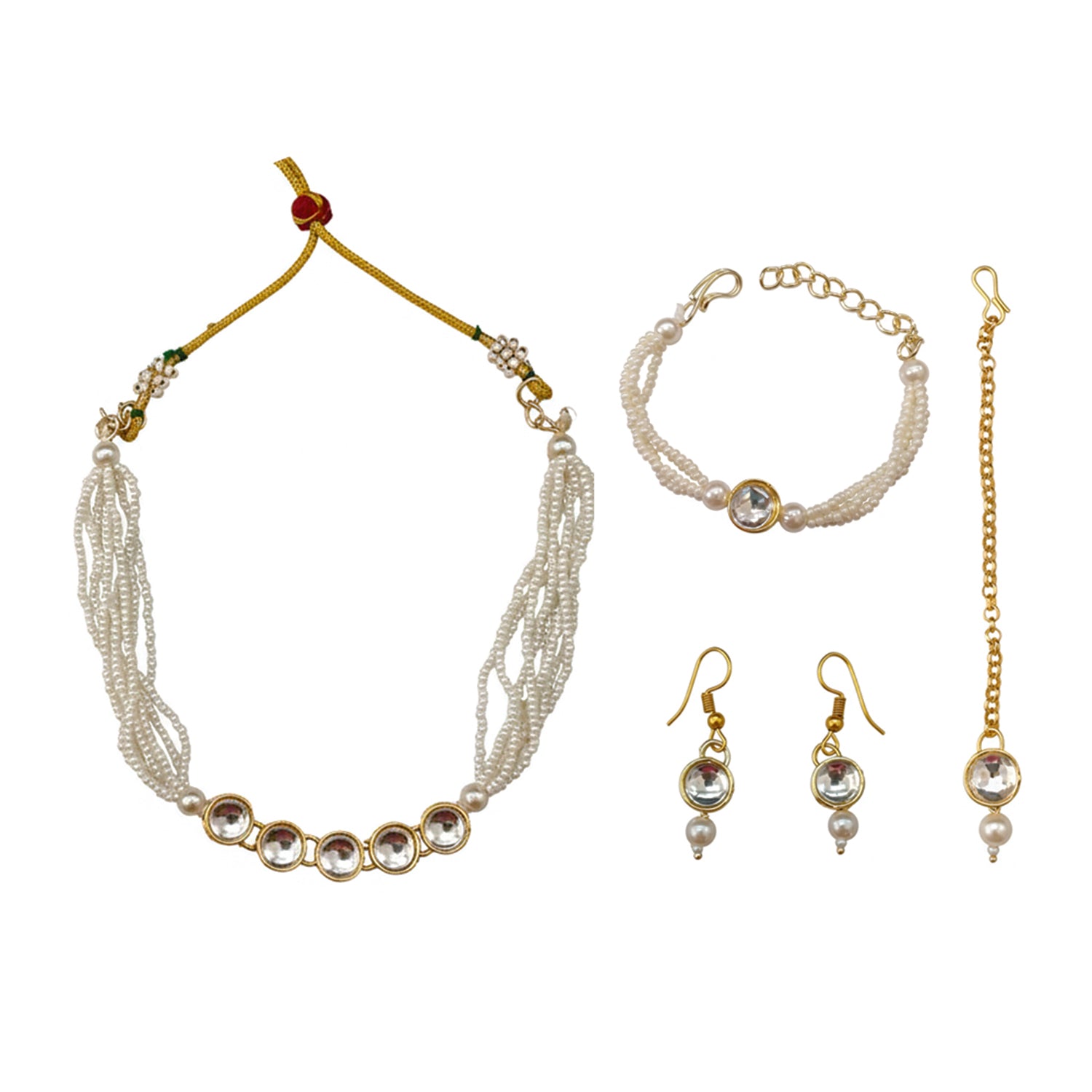 jyoti- Kids Pearl White Kundan Jewellery Set | Necklace, Earrings, Bracelet & Maang Tikka for Girls