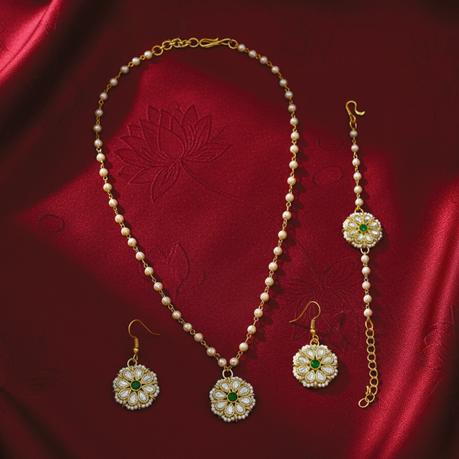 Siyona- Pearl Kundan Kids Jewellery Set with Green Floral Motif | Necklace, Earrings & Bracelet