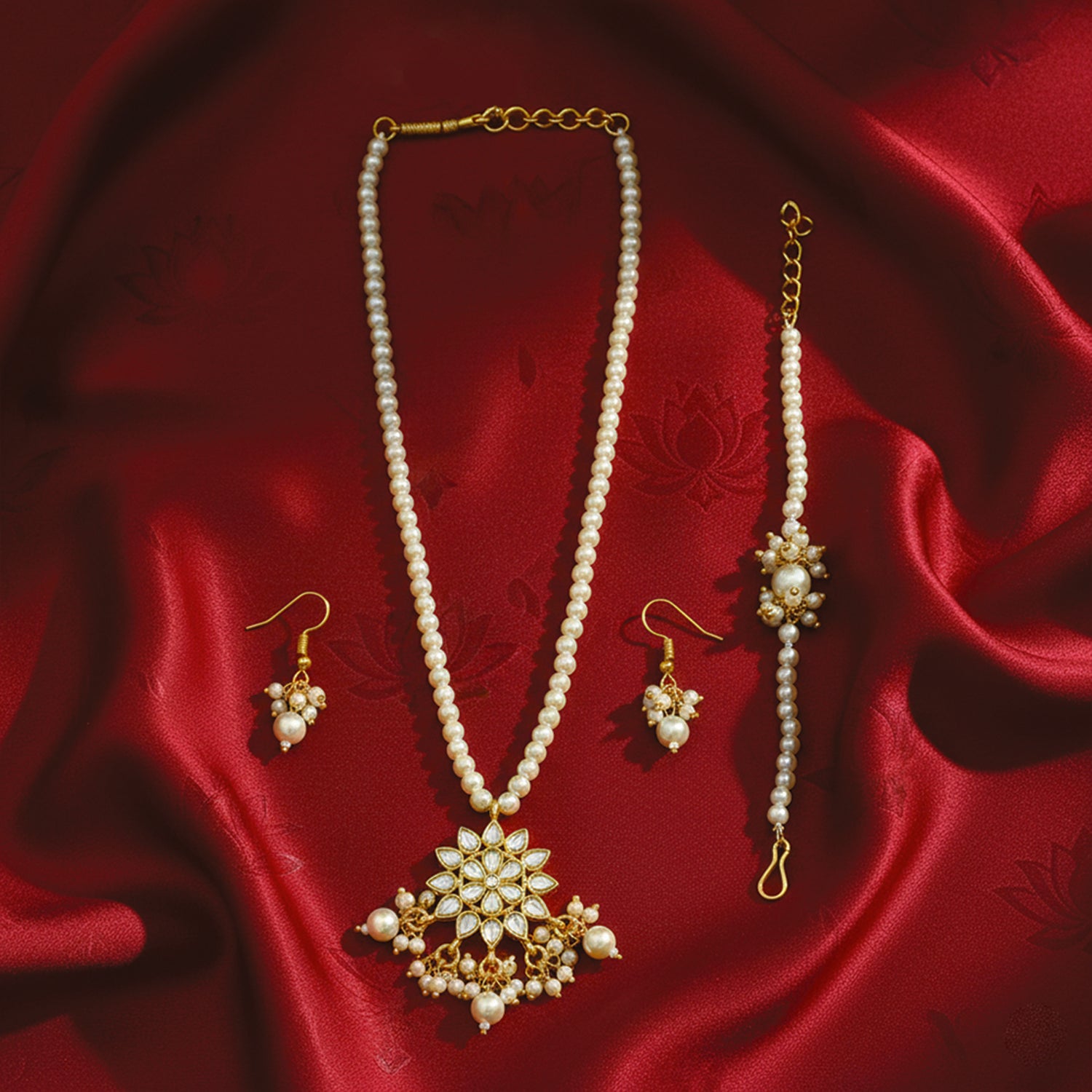 Ankriti- Kids Pearl Floral Jewellery Set | Necklace, Earrings & Bracelet for Girls