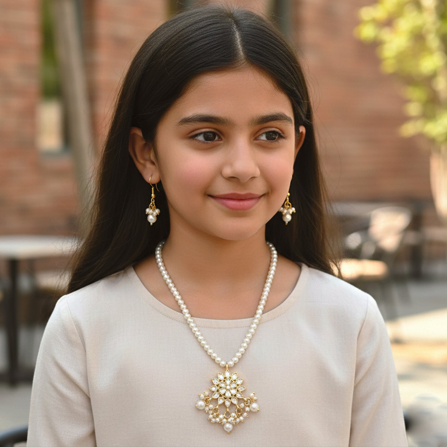 Ankriti- Kids Pearl Floral Jewellery Set | Necklace, Earrings & Bracelet for Girls