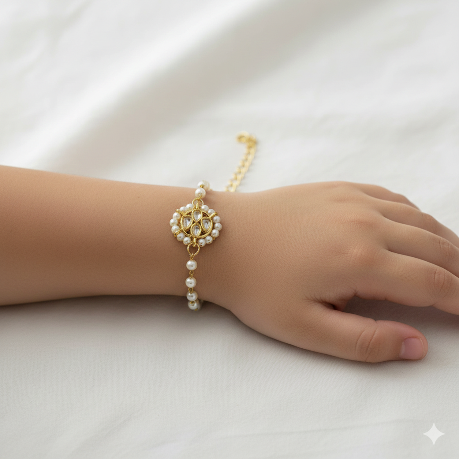 Shirin- Kids Pearl Kundan Jewellery Set | Necklace, Earrings & Bracelet for Girls