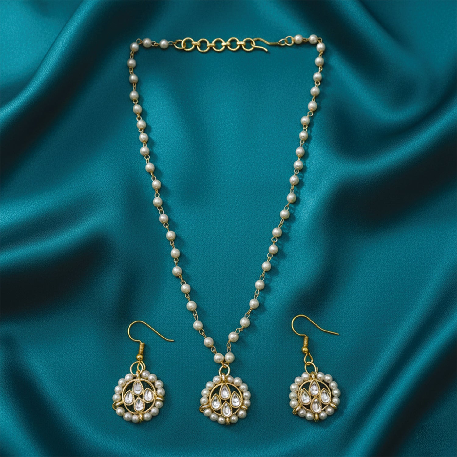 Shirin- Kids Pearl Kundan Jewellery Set | Necklace, Earrings & Bracelet for Girls