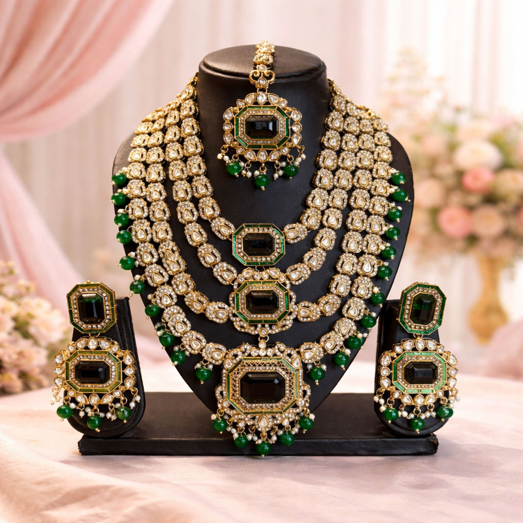 Rani Emerald Polki kundan Bridal Set