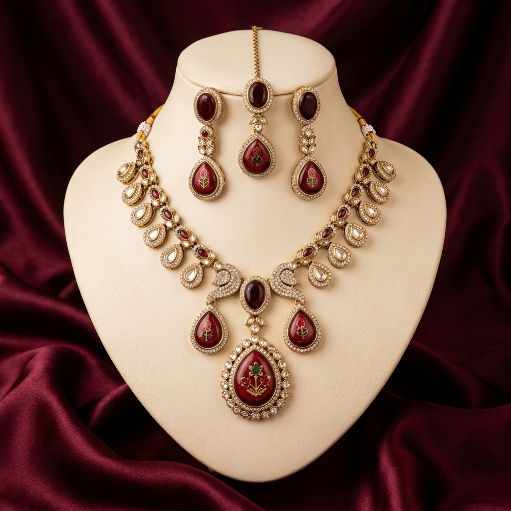 Nivra- Royal Ruby Peacock Polki Kundan Bridal Necklace Set with Handcrafted Enamel Detailing