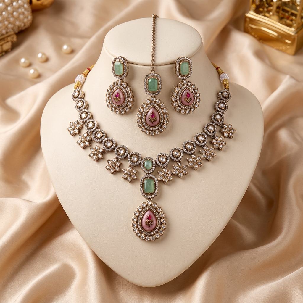 Juhi- Royal Pastel Polki Kundan Necklace Set with Mint Green & Blush Pink Stones, Earrings & Maang Tikka