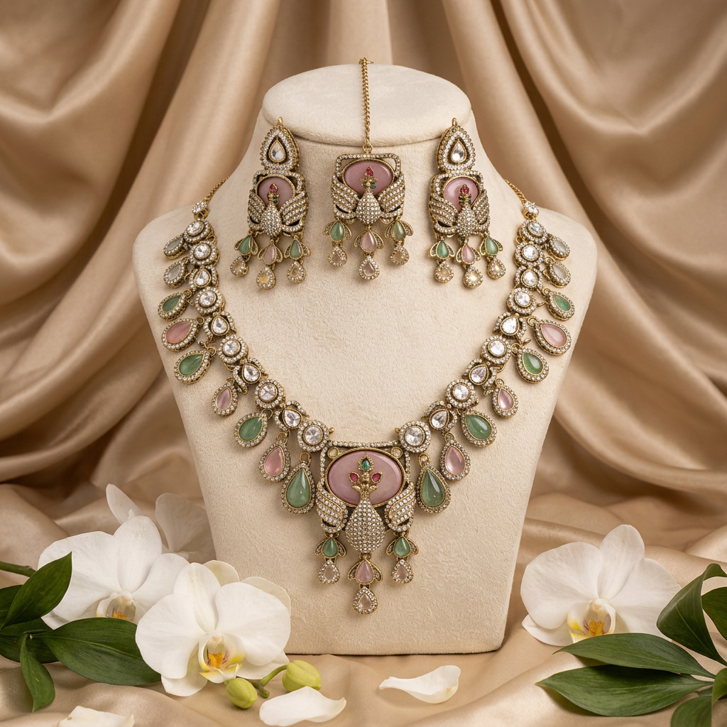 Sitara-Royal Peacock Motif Polki Kundan Necklace Set with Pastel Stones, Earrings & Maang Tikka