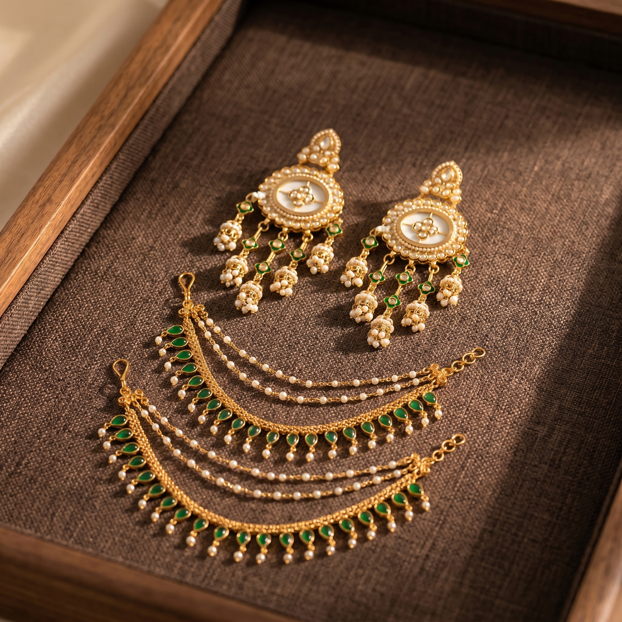 Pearl and Green Stone Kundan Earrings with Layered Beaded Ear Chains (Earring + Earchain Combo)