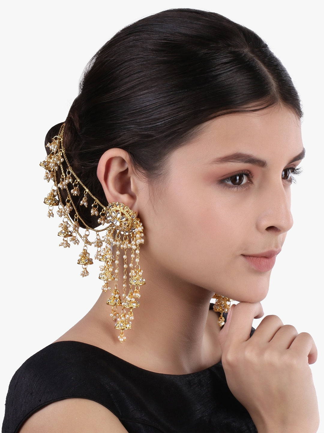 hair chain , kundan , pearls earring