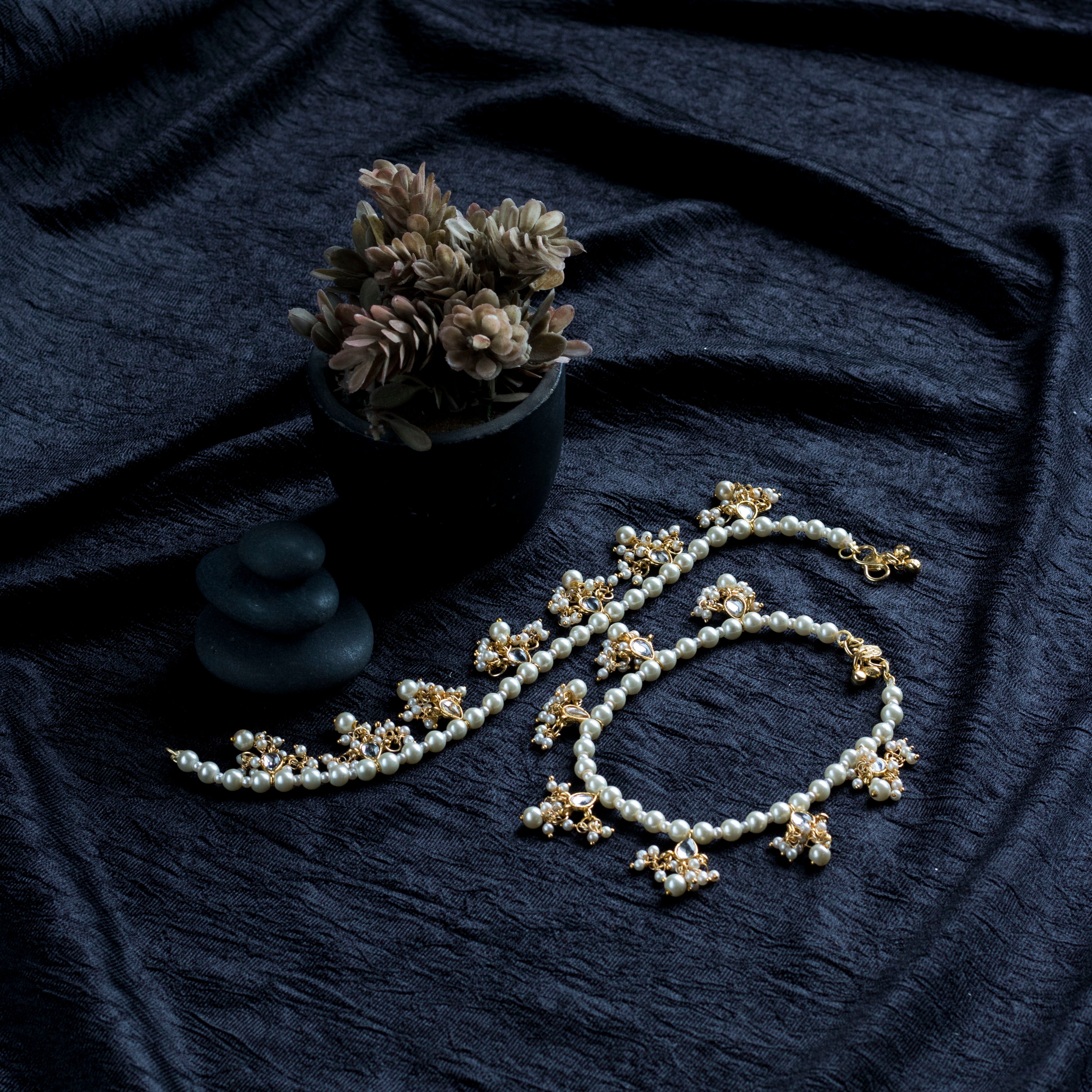 pearls , moti , kundan , ghungroo ,traditional anklet ,