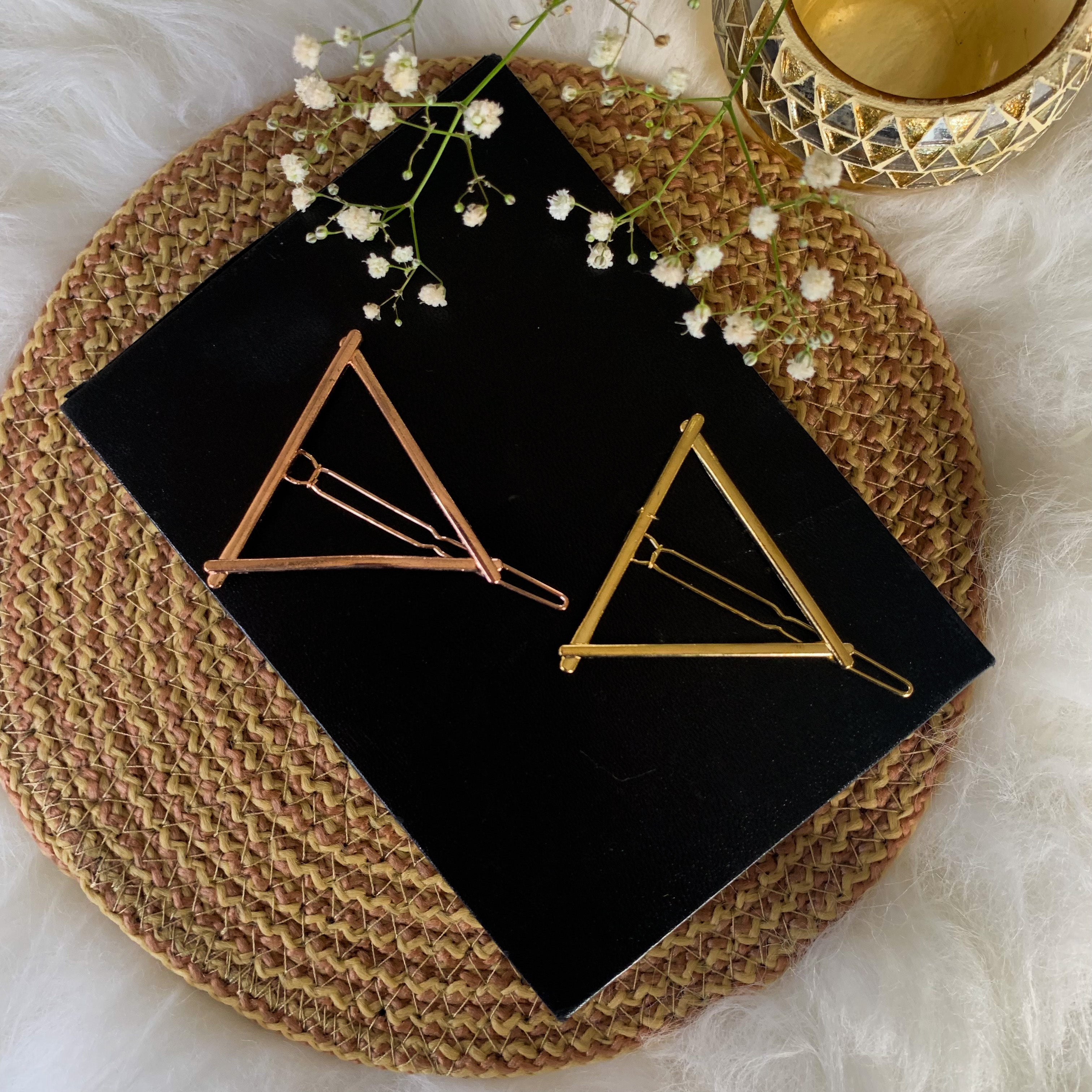 Women Set of 2 Toned Triangle Shaped Hair Pins (Rosegold and Gold)