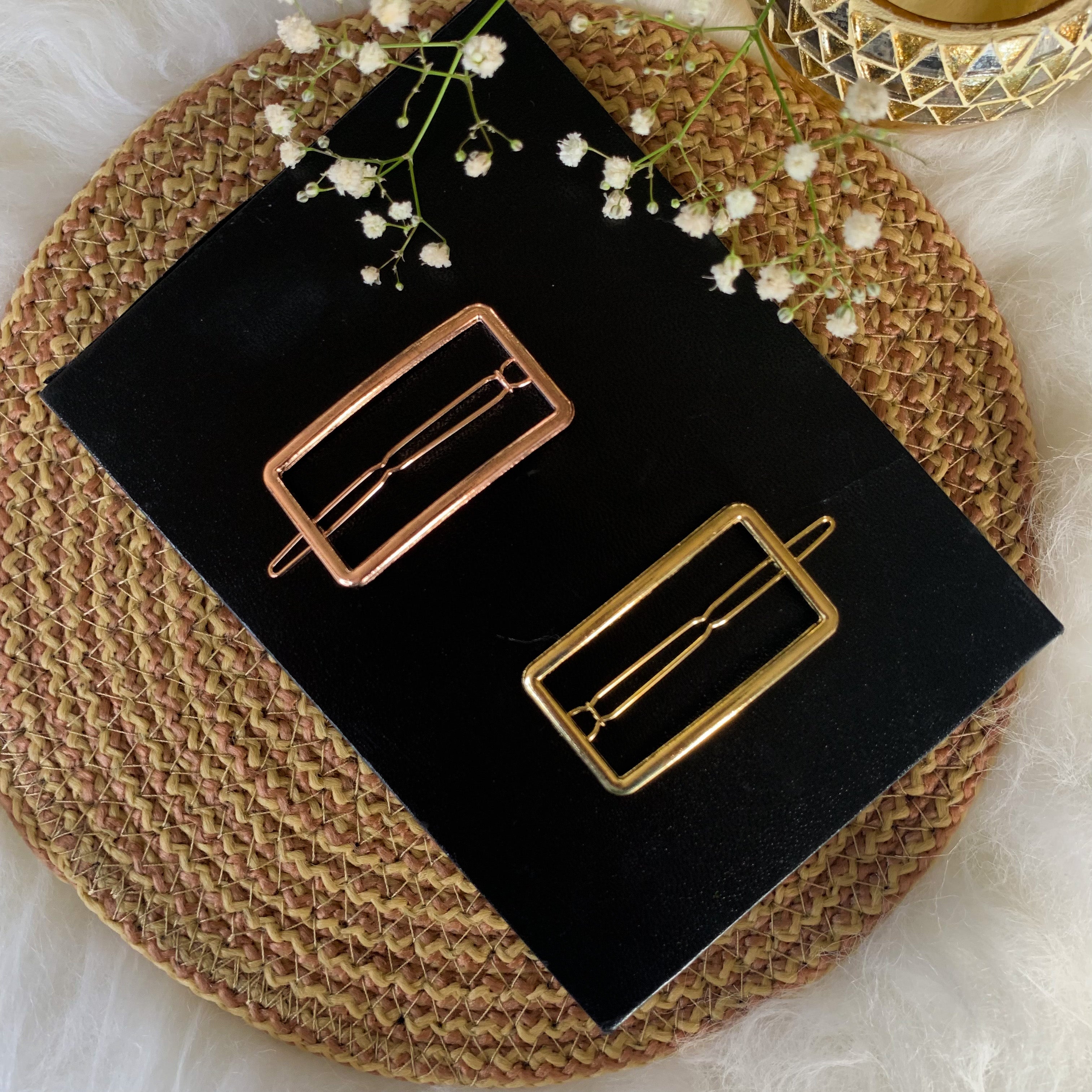 Women Set of 2 Toned Rectangle Shaped Hair Pins (Rosegold and Gold)
