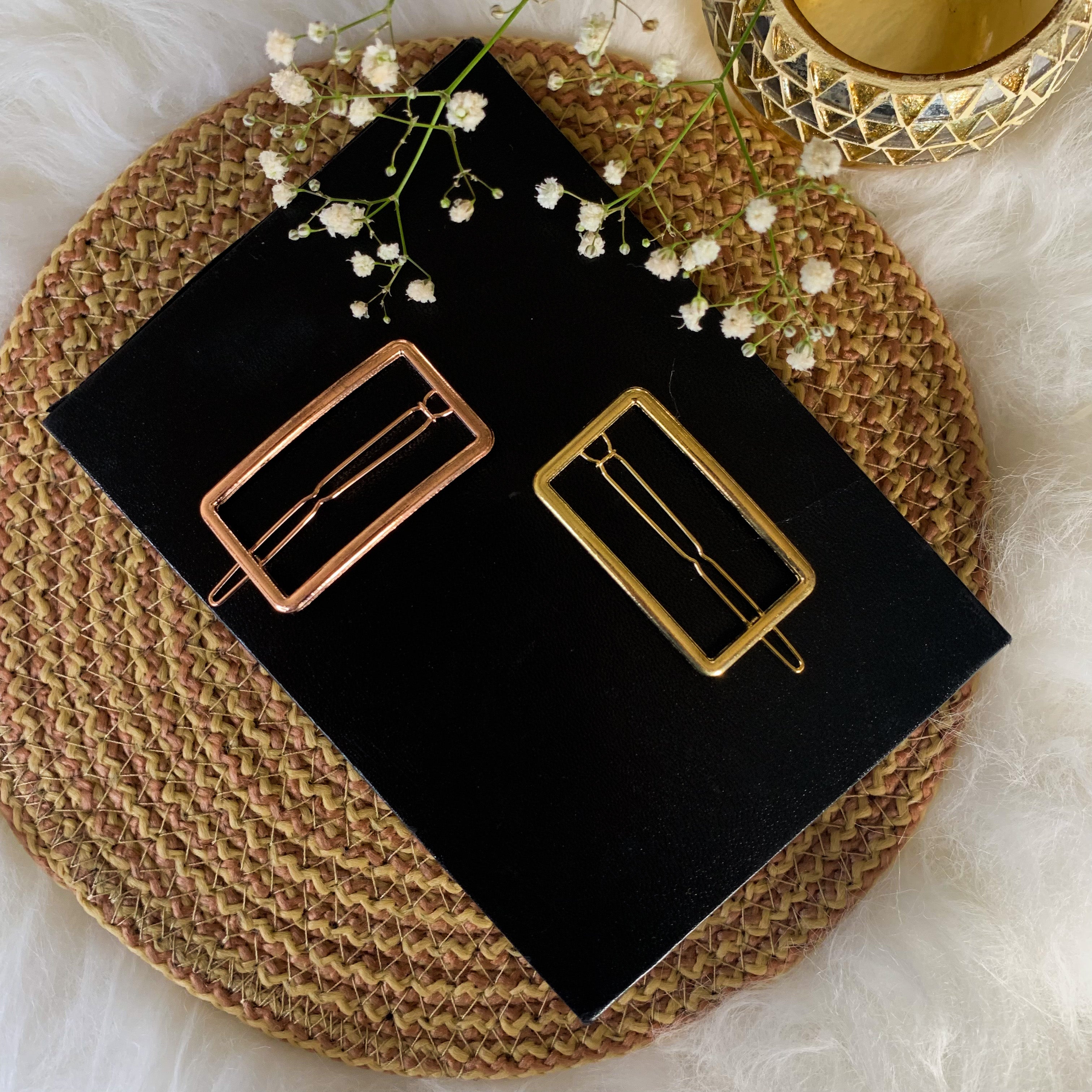 Women Set of 2 Toned Rectangle Shaped Hair Pins (Rosegold and Gold)