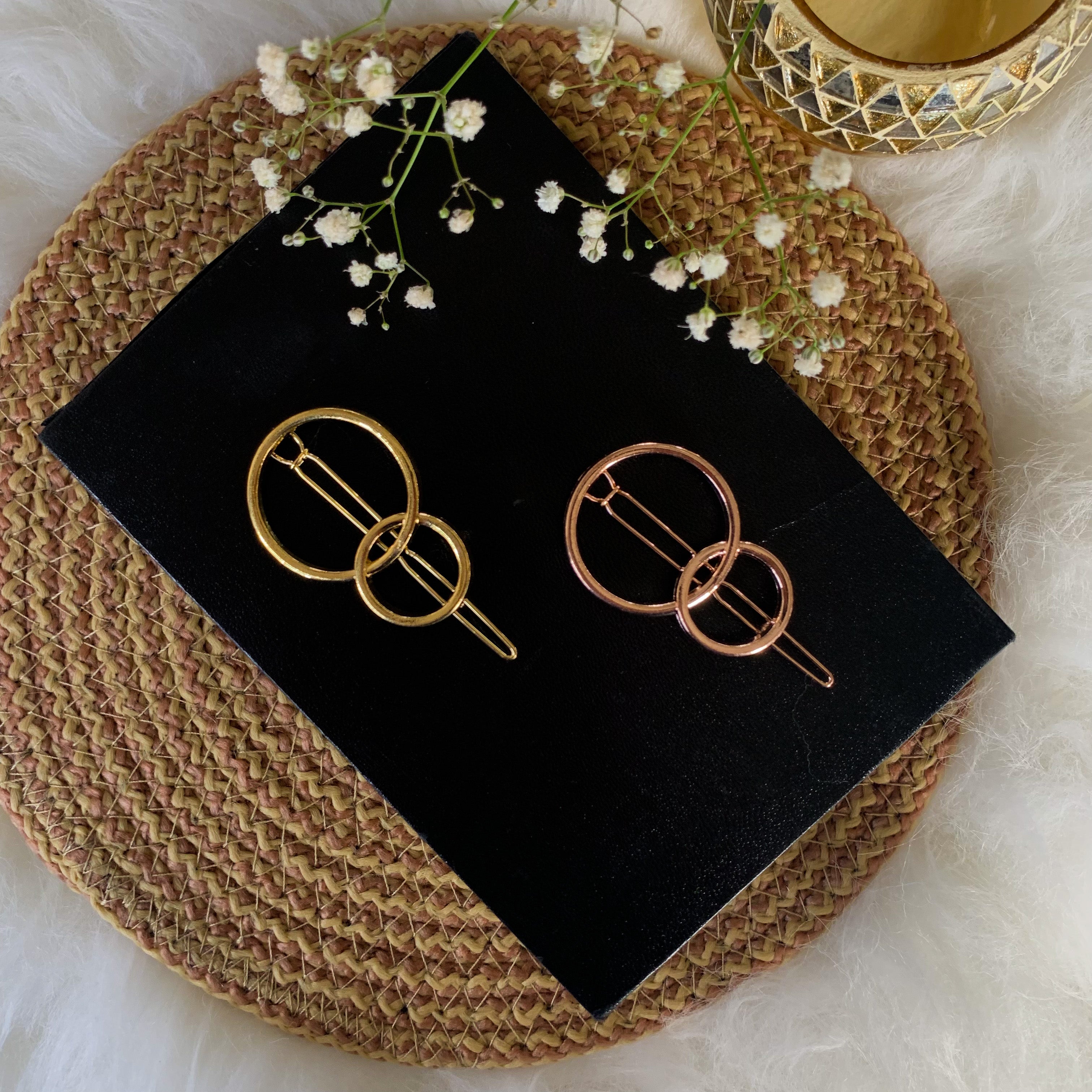 Women Set of 2 Toned Dual Circular Shaped Hair Pins (Rosegold and Gold)