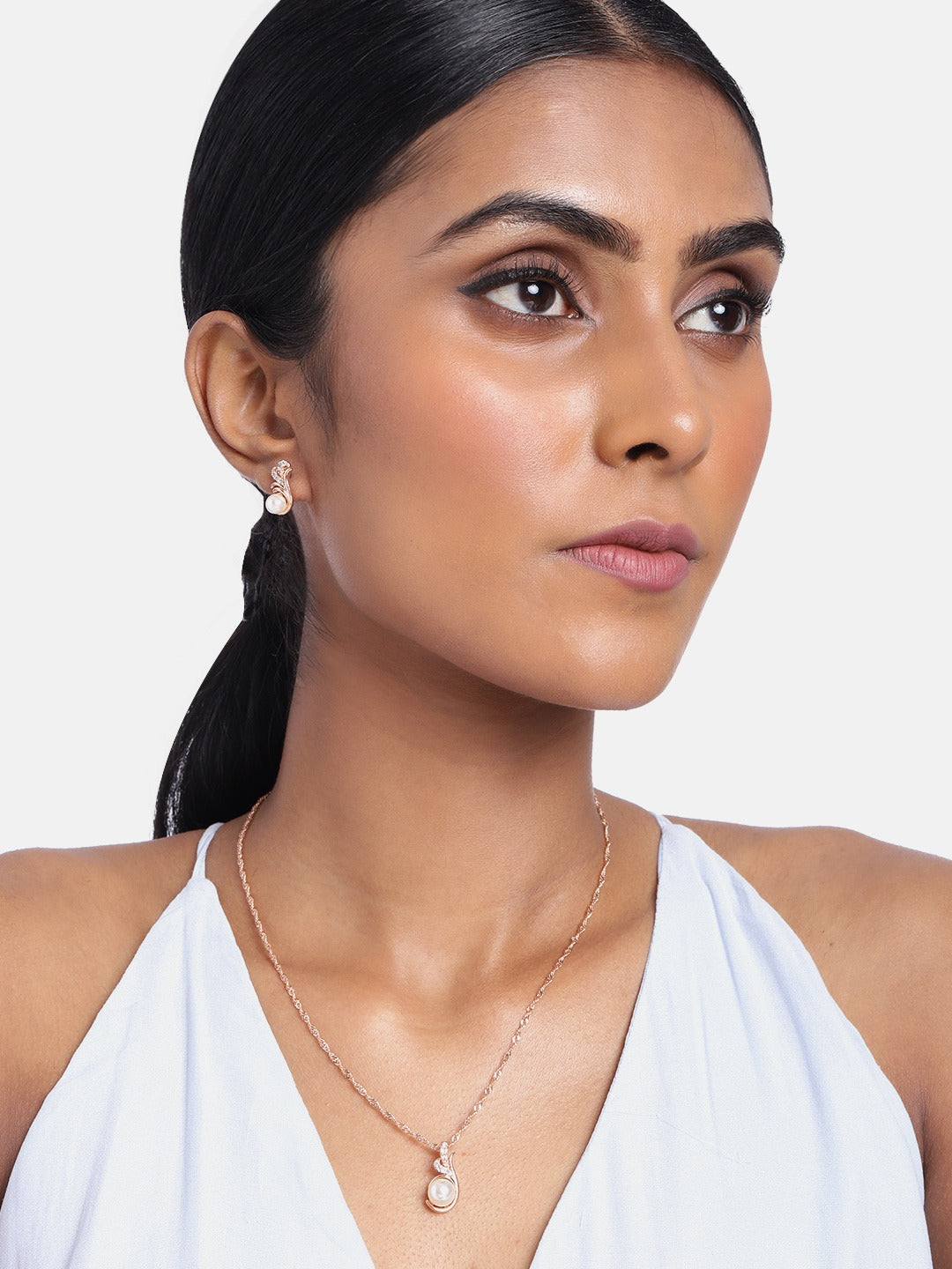 pearls drop earring, rose gold chain , pendant