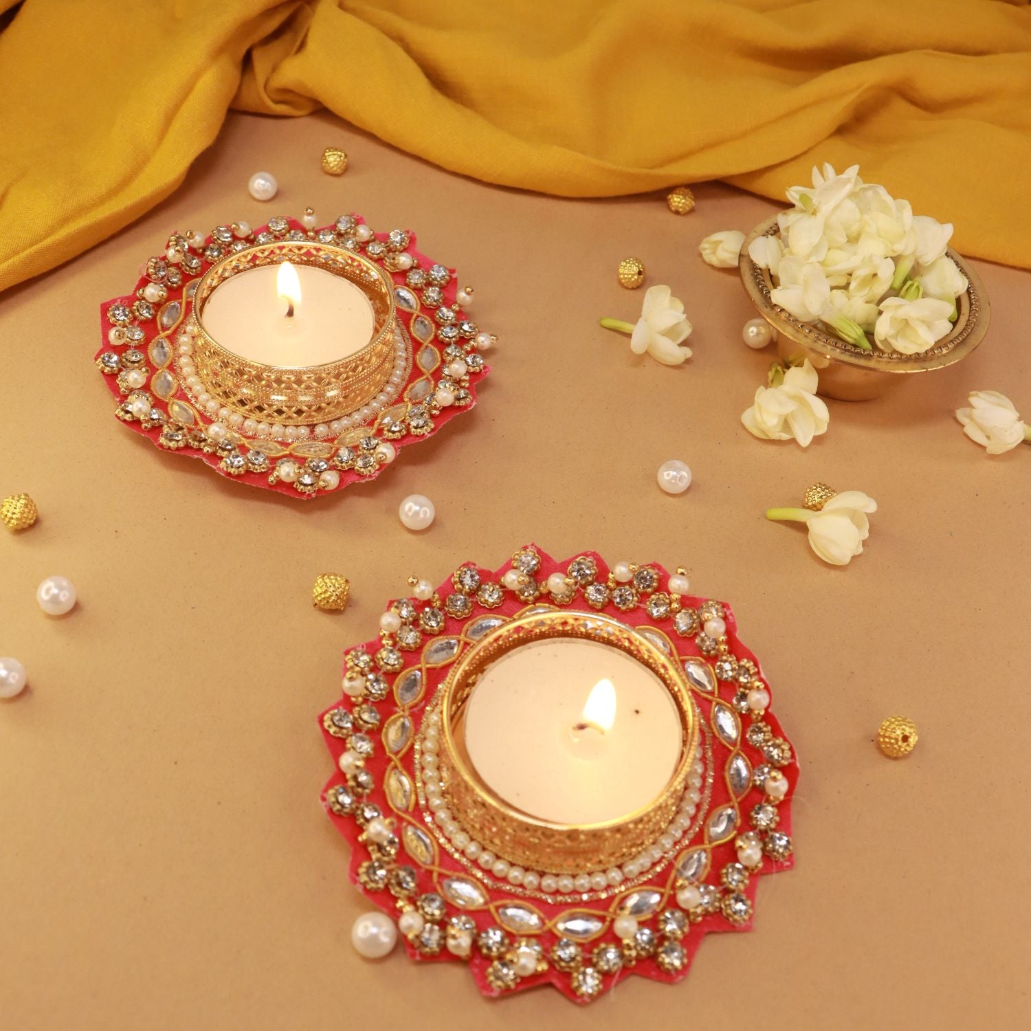 Festive Pearl & Kundan Studded Diyas with tealights - Set of 2