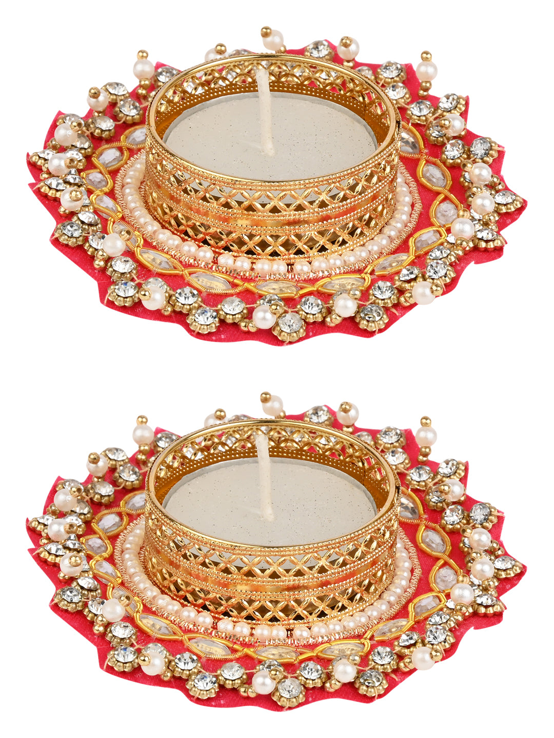 Festive Pearl & Kundan Studded Diyas with tealights - Set of 2