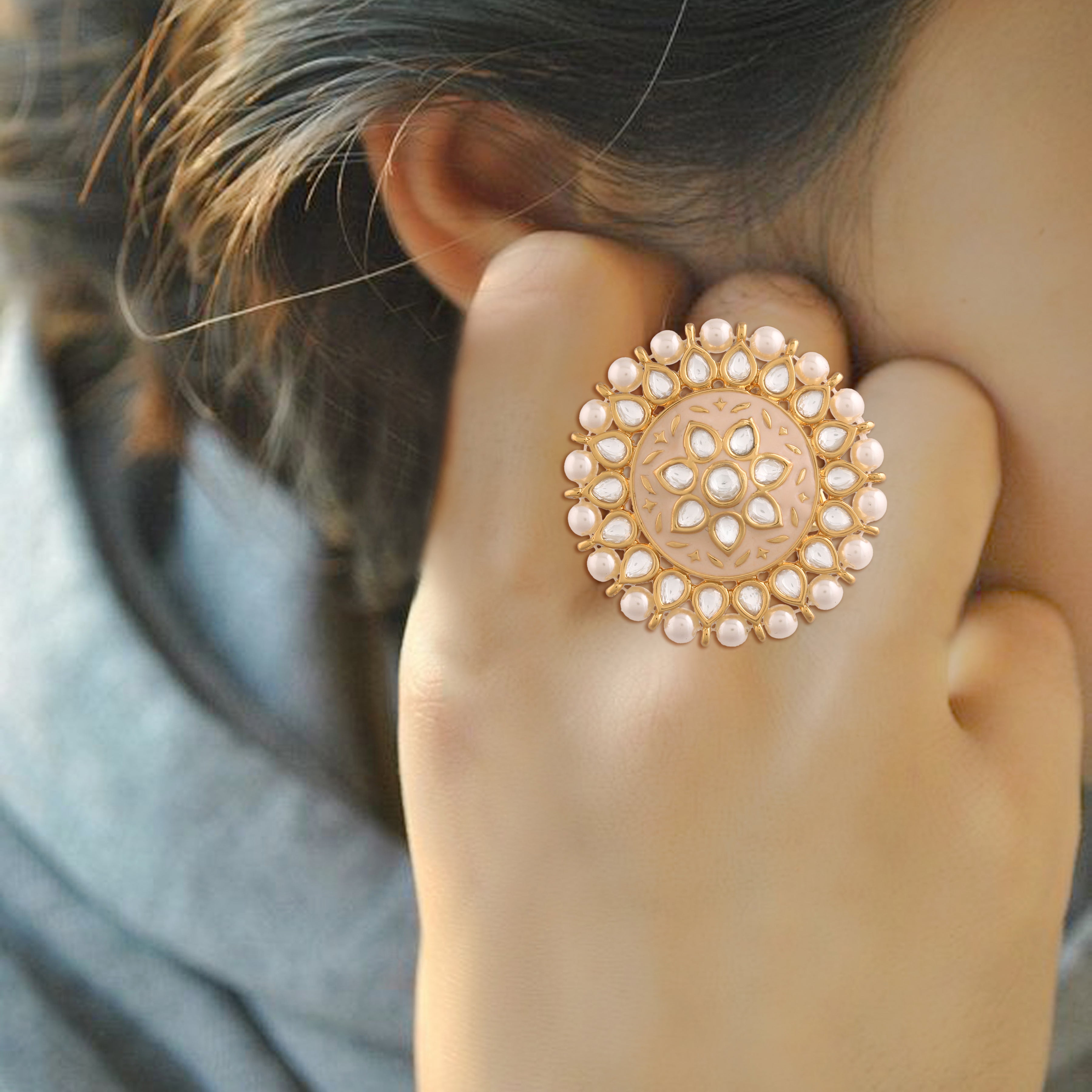 meenaklari , kundan , pearls finger ring