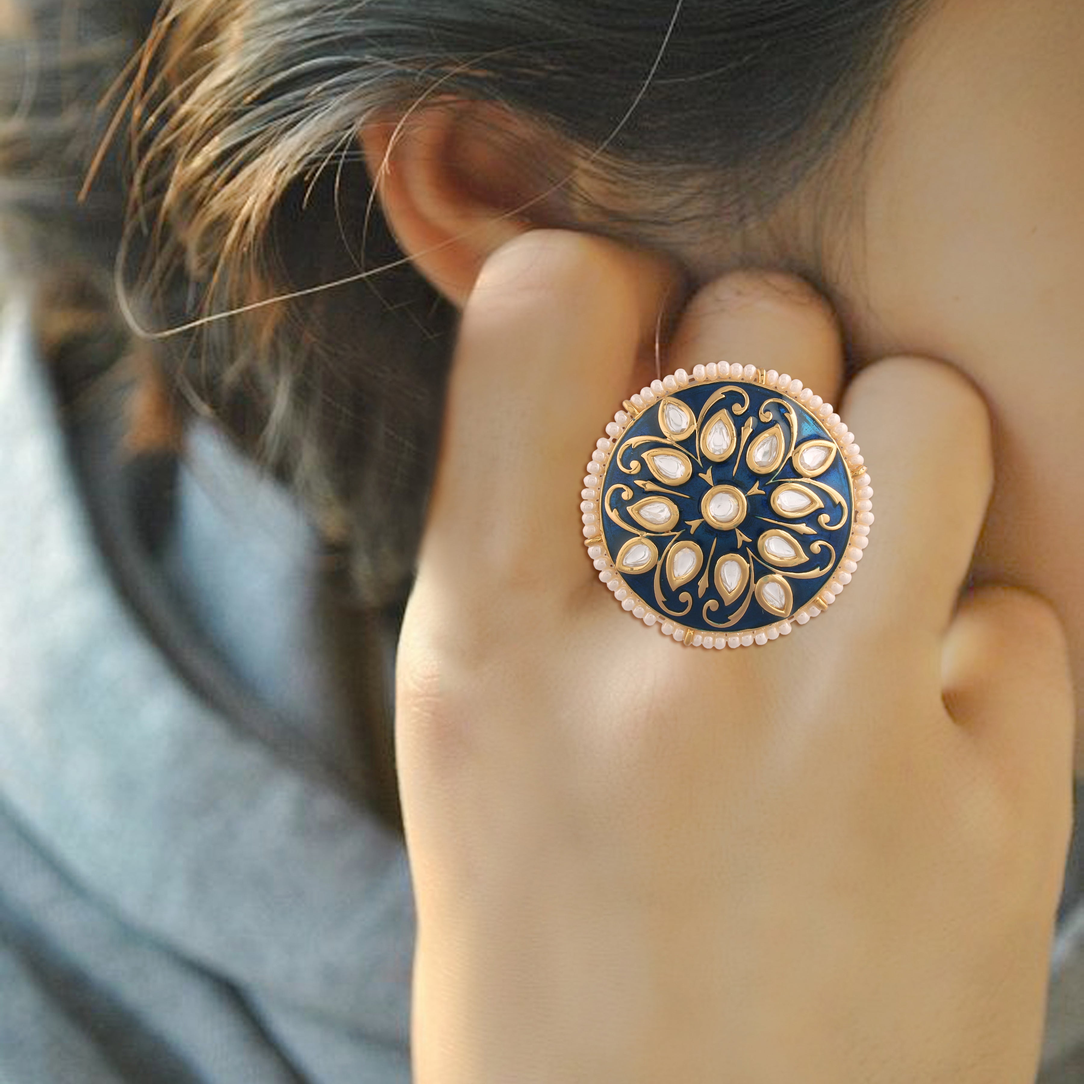 meenakari , kundan , pearls finger ring