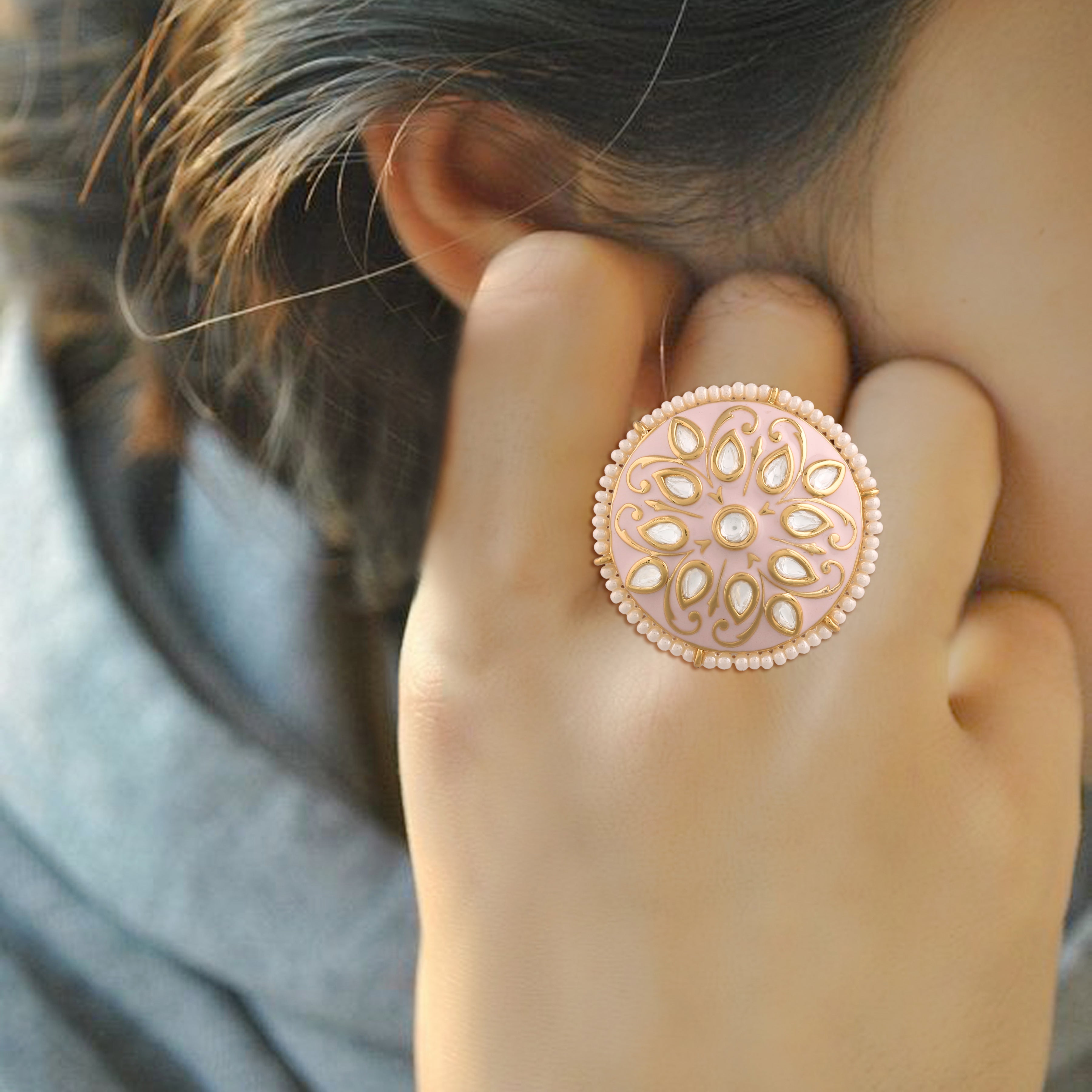 meenakari , kundan , pearls finger ring