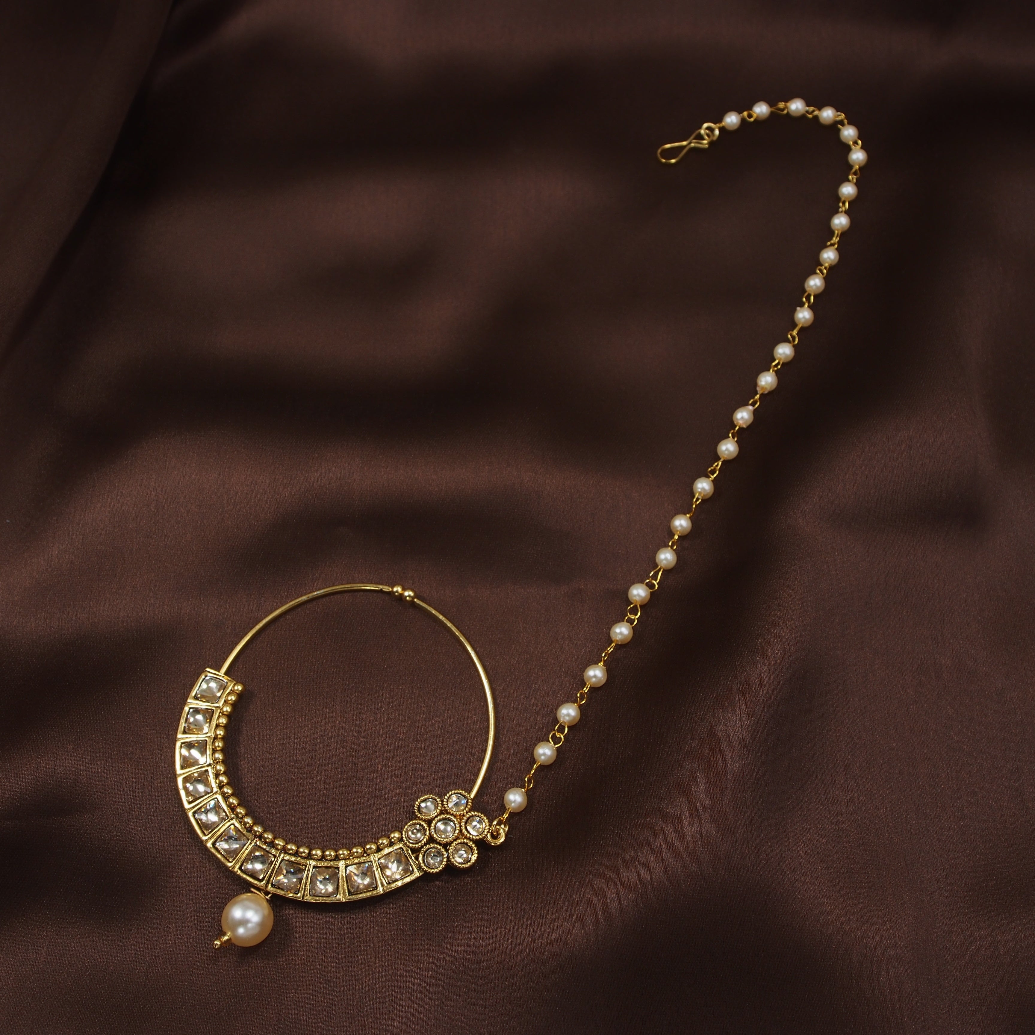 kundan , pearls , nose ring