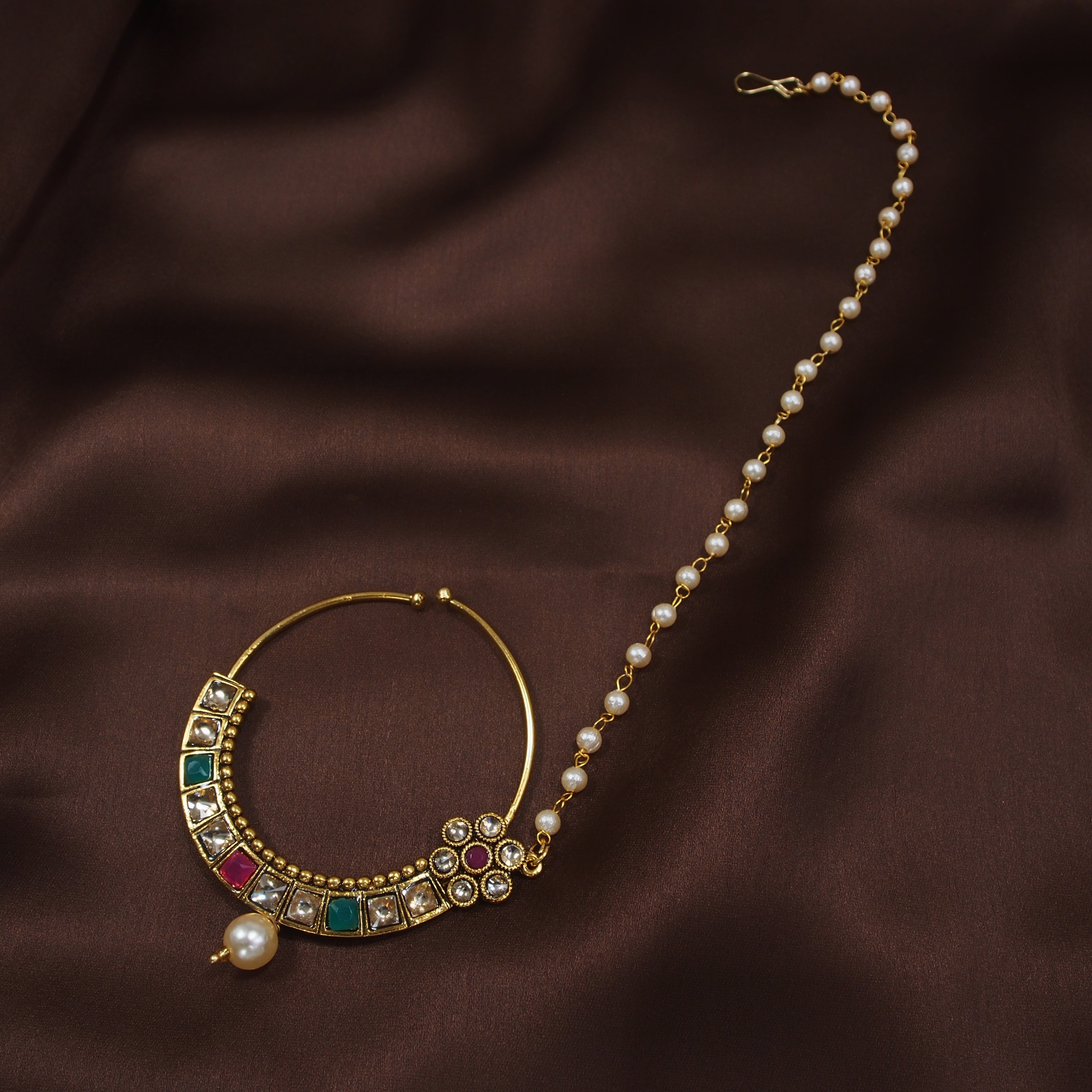 kundan , pearls , nose ring