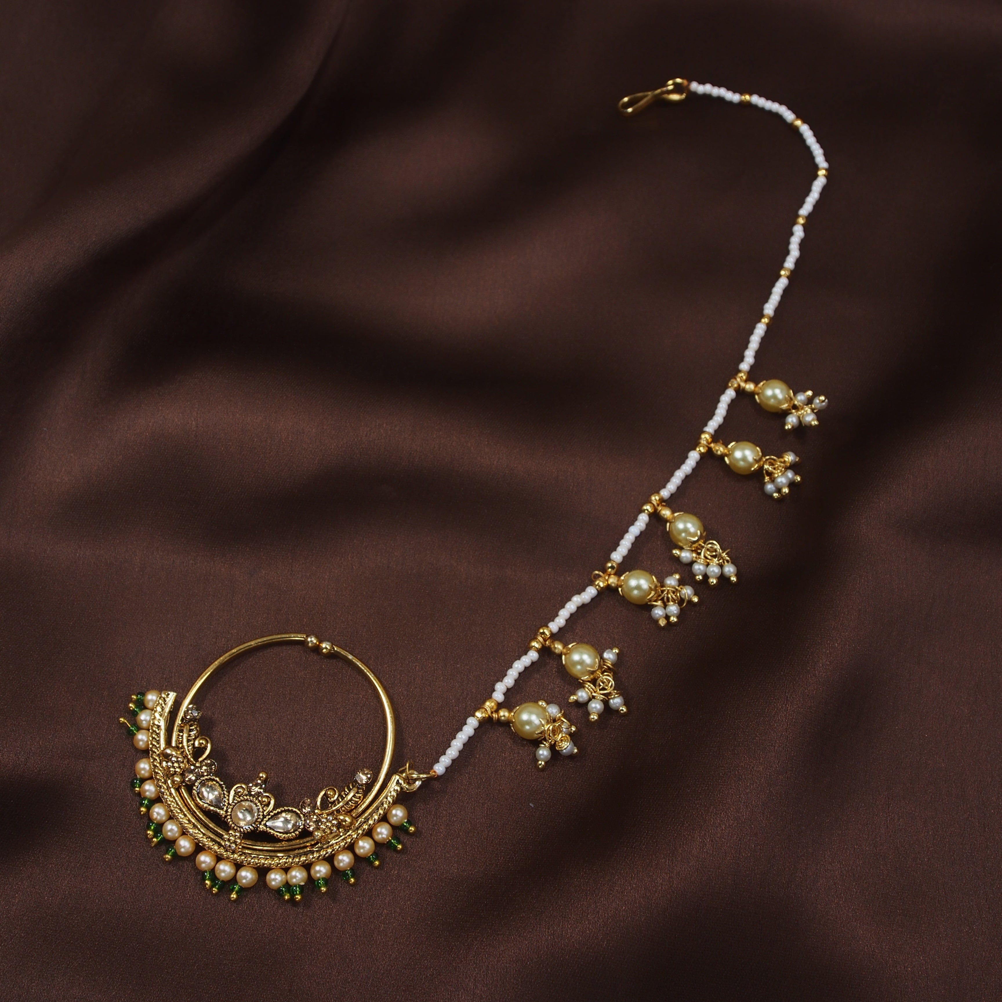 kundan ,stones , pearls chain nose ring