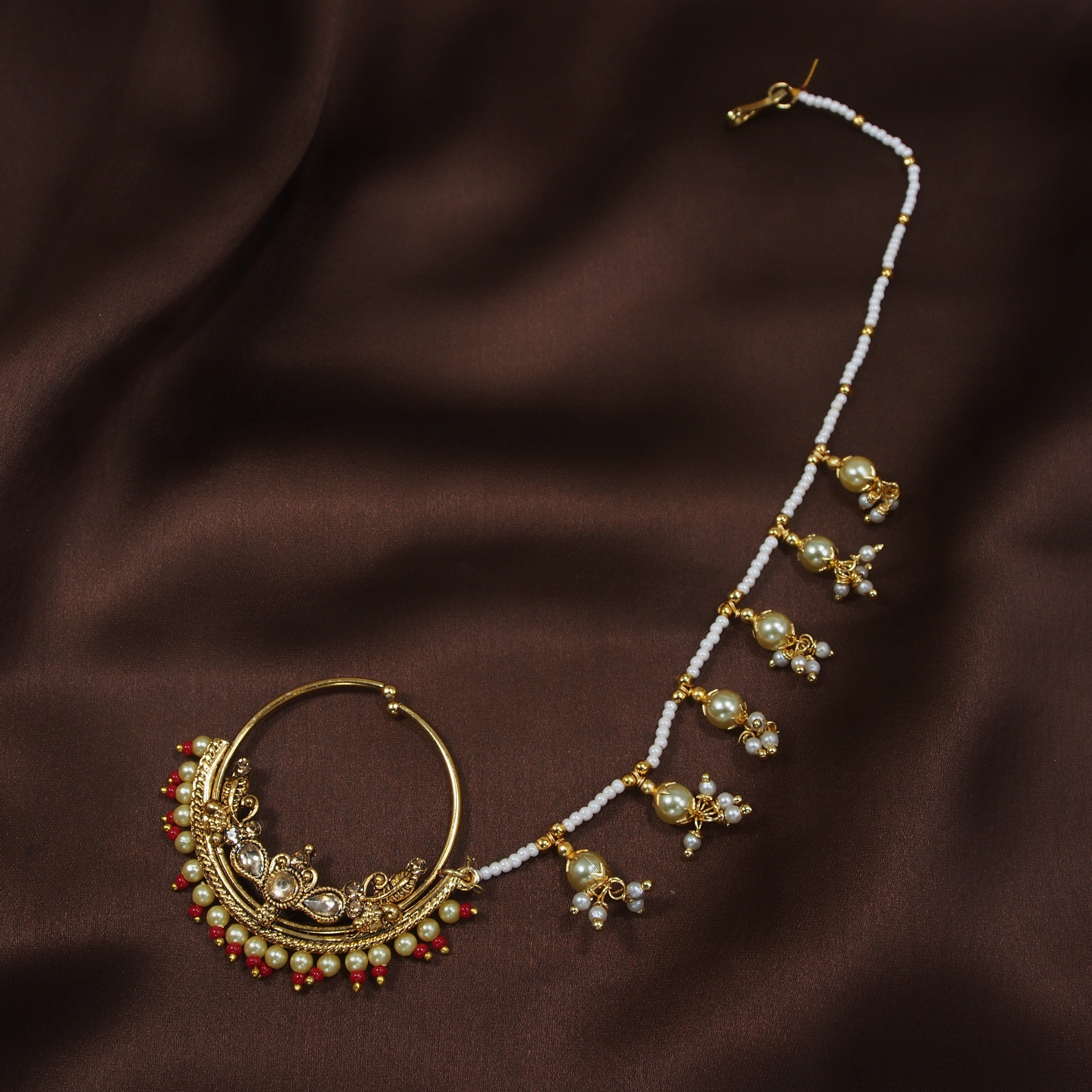 kundan ,stones , pearls chain nose ring