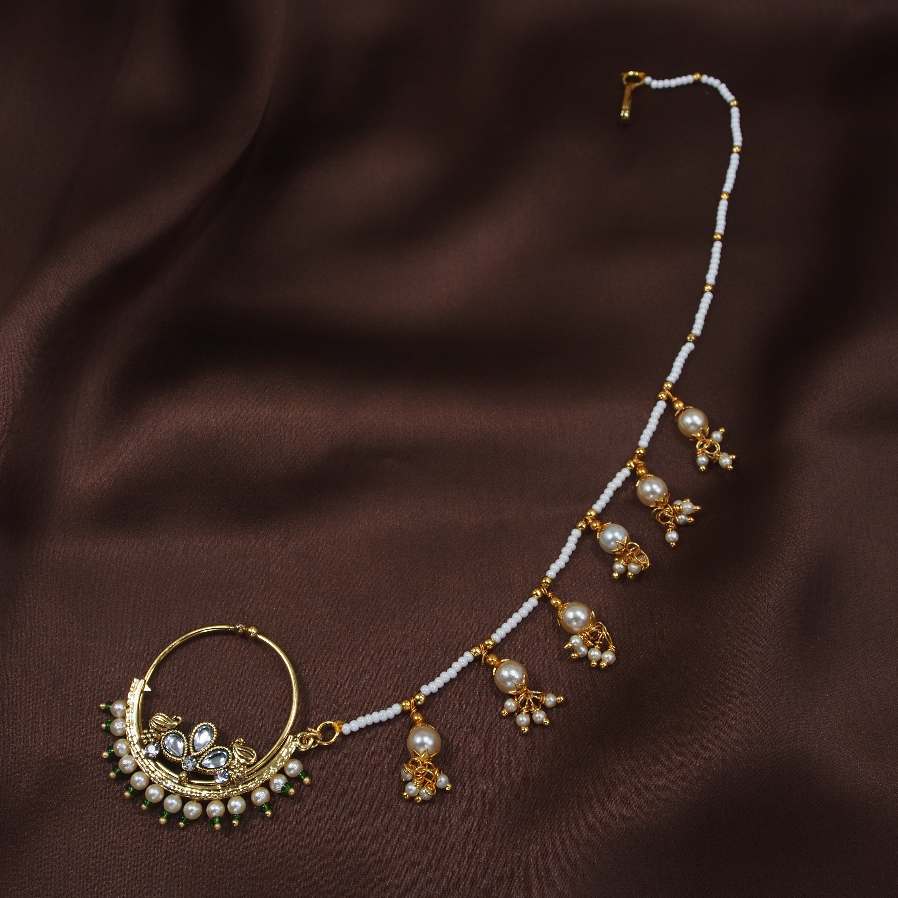 kundan , pearls , nose ring