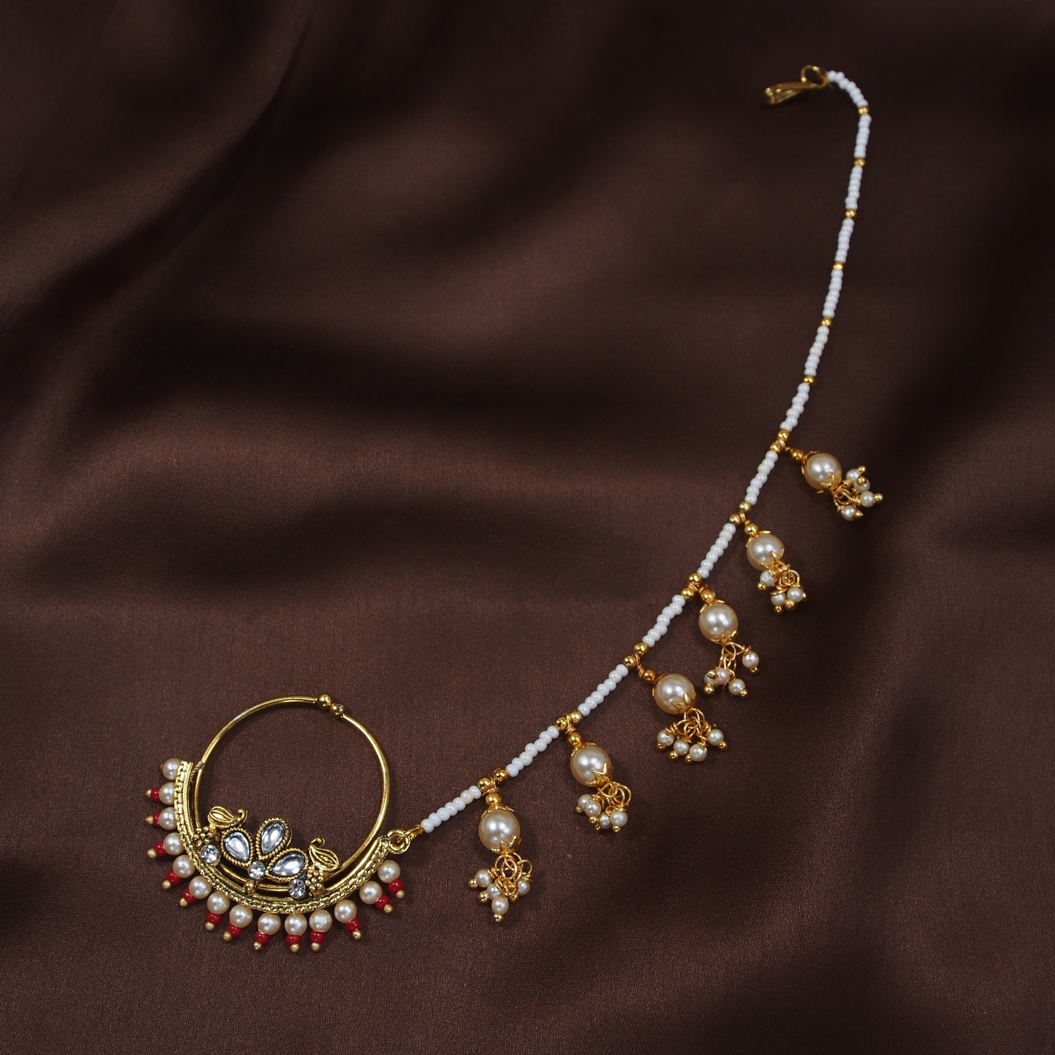 kundan , pearls , nose ring