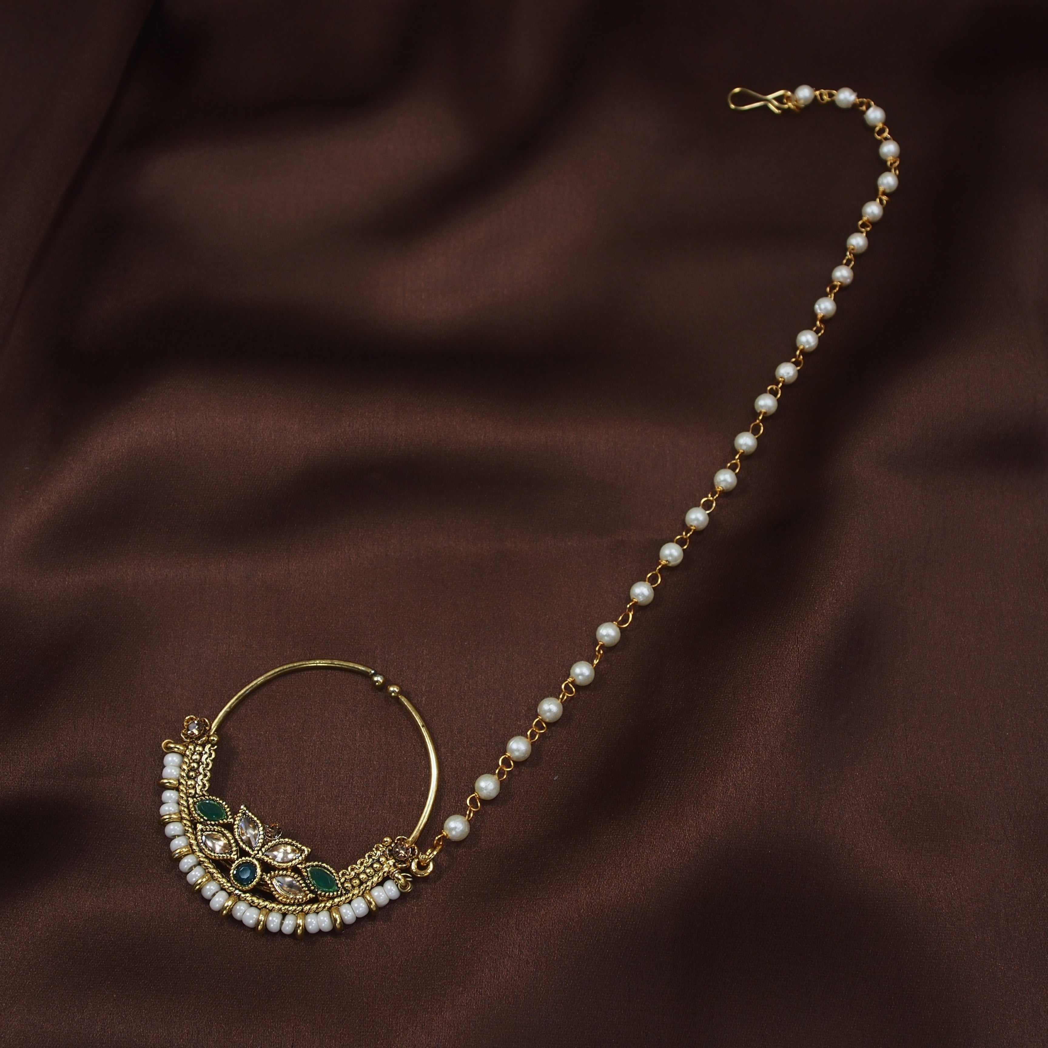 gold plated , kundan , stones , pearls , chain nose ring