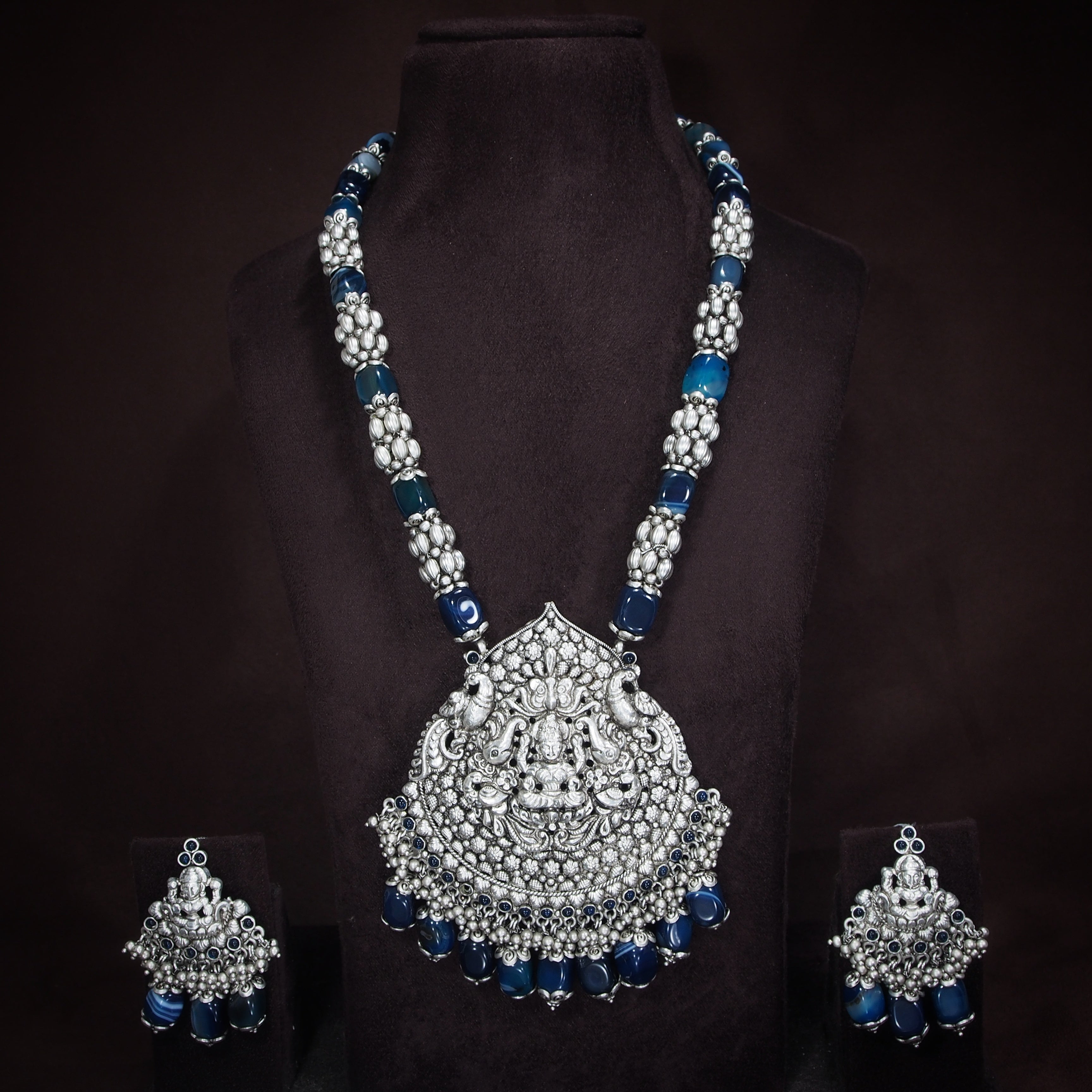 silver oxidised , pearls , temple jewellery set