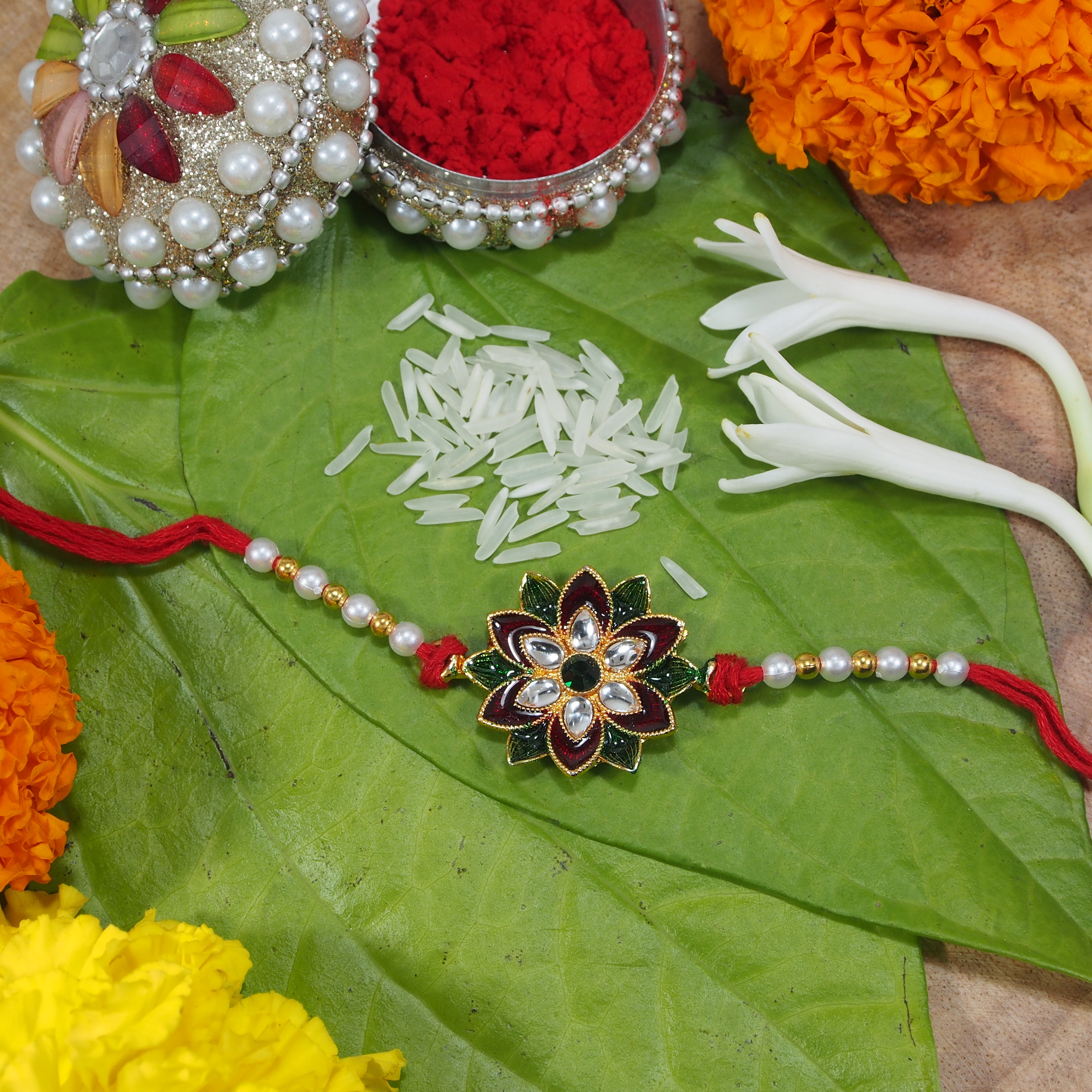 Colourful Beads And Meena Floral Rakhi